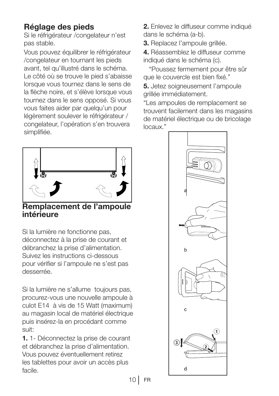 Remplacement de l’ampoule intérieure, Réglage des pieds | Blomberg DSM 9510 X A+ User Manual | Page 49 / 191