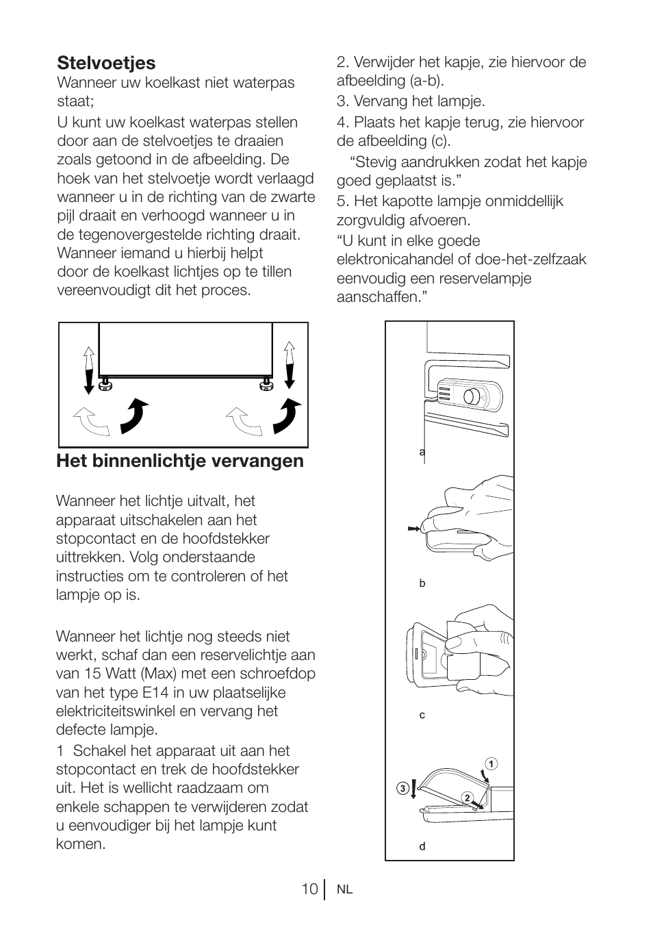 Stelvoetjes, Het binnenlichtje vervangen | Blomberg DSM 9510 X A+ User Manual | Page 68 / 191