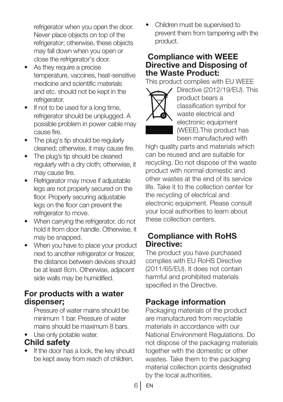 For products with a water dispenser, Child safety, Compliance with rohs directive | Package information | Blomberg DSM 9510 X A+ User Manual | Page 7 / 191