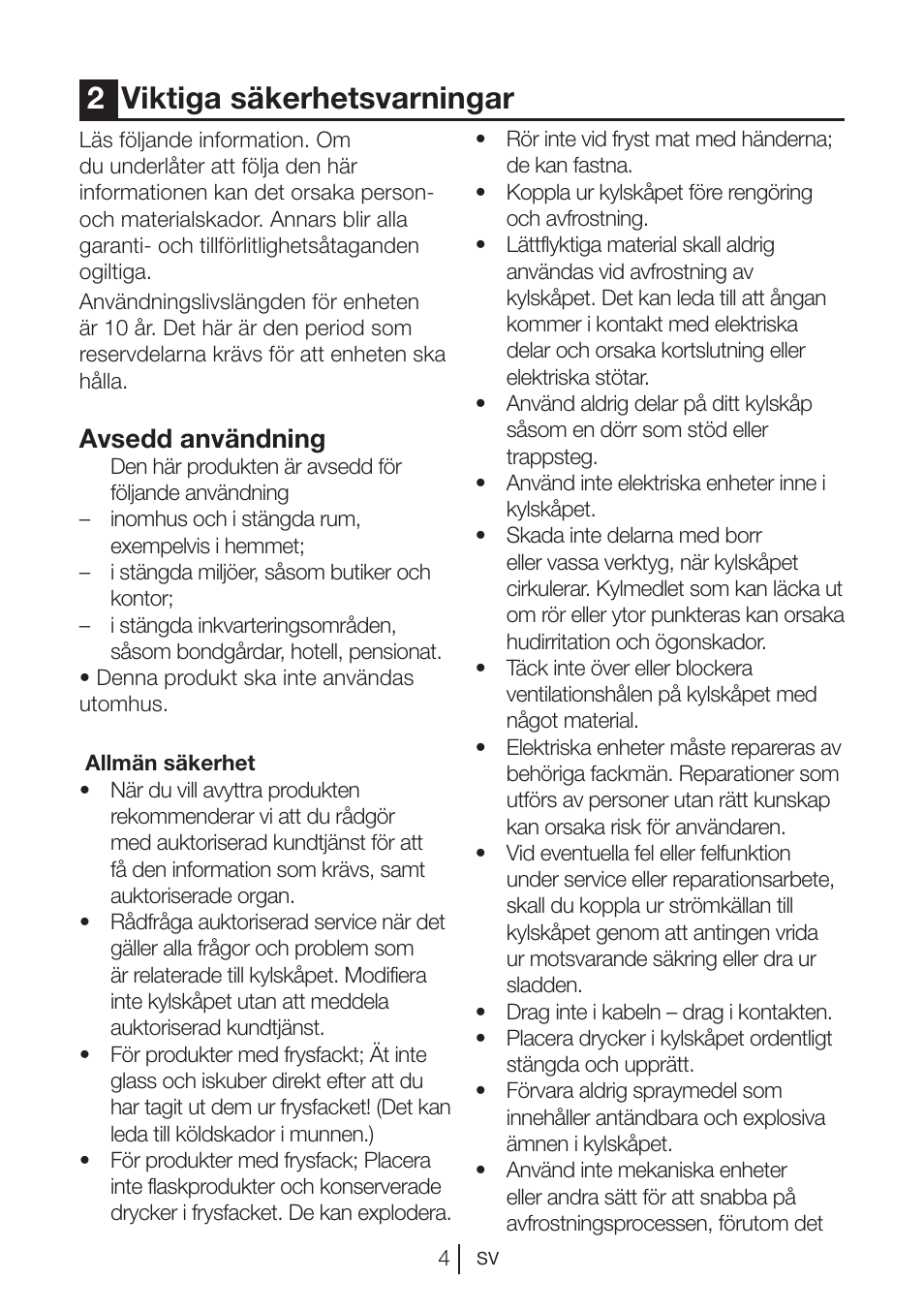 2viktiga säkerhetsvarningar, Avsedd användning | Blomberg DSM 9510 X A+ User Manual | Page 82 / 191