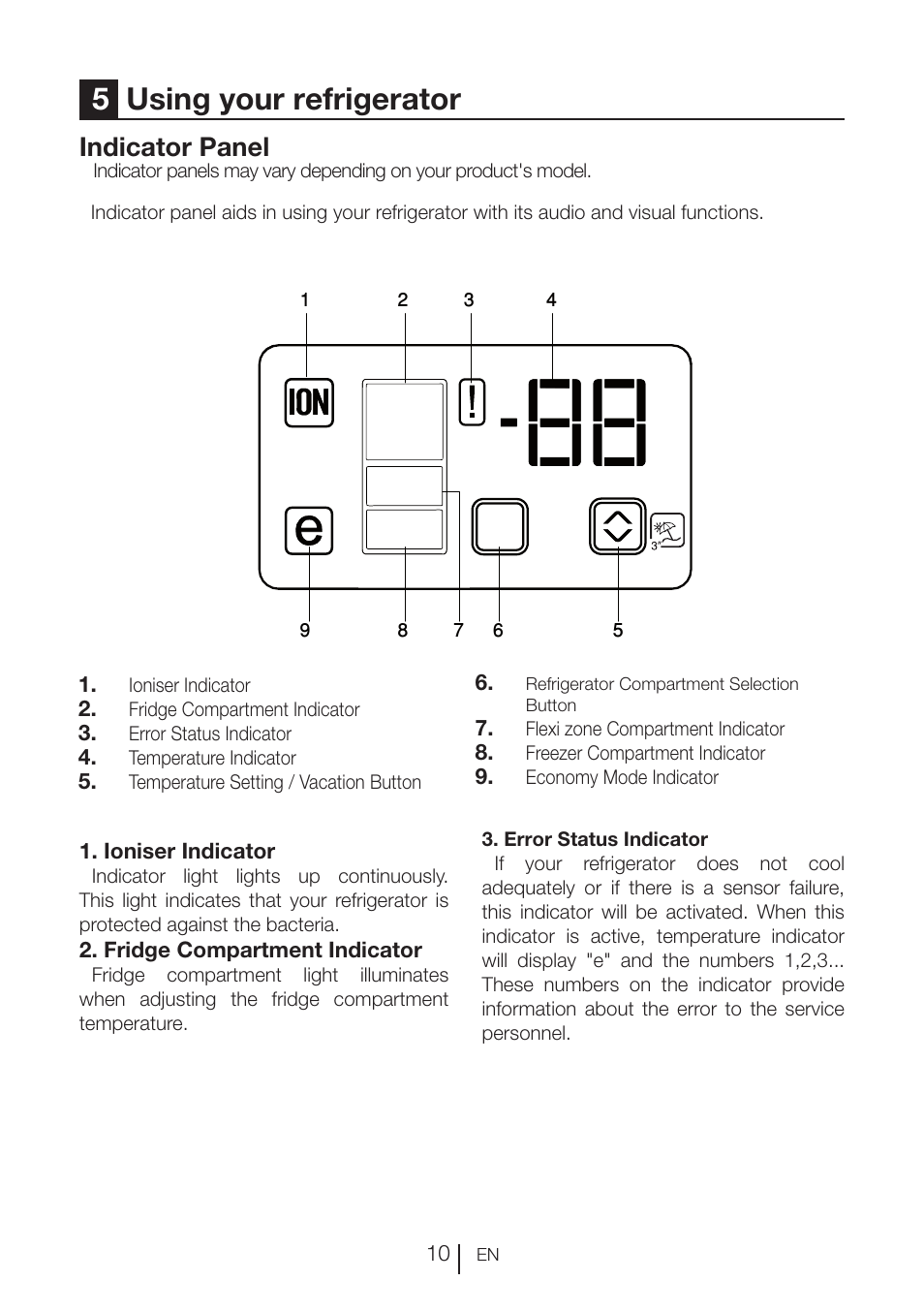 5using your refrigerator, Indicator panel | Blomberg KNE 9920 P User Manual | Page 11 / 127
