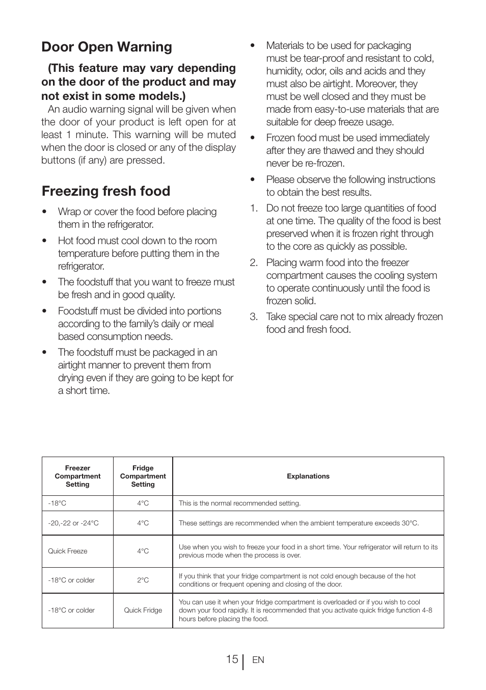 Freezing fresh food, Door open warning | Blomberg KNE 9920 P User Manual | Page 16 / 127