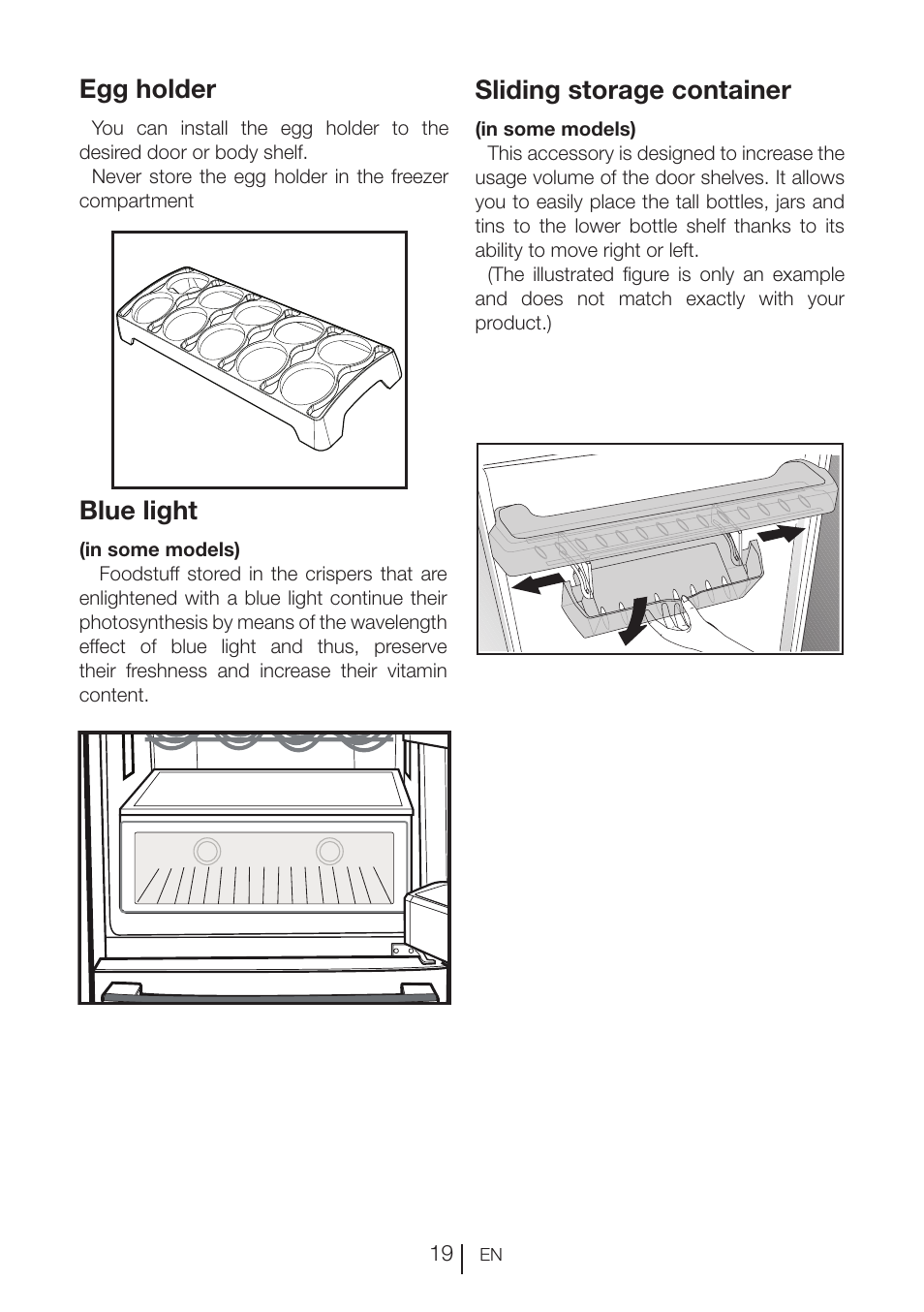 Egg holder, Blue light, Sliding storage container | Blomberg KNE 9920 P User Manual | Page 20 / 127
