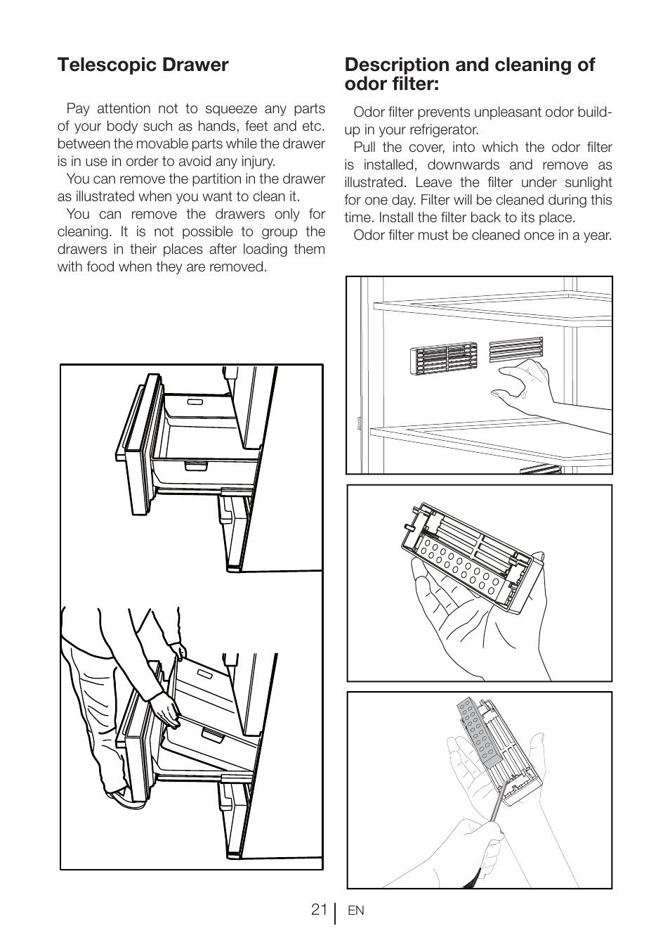 Description and cleaning of odor filter, Telescopic drawer | Blomberg KNE 9920 P User Manual | Page 22 / 127