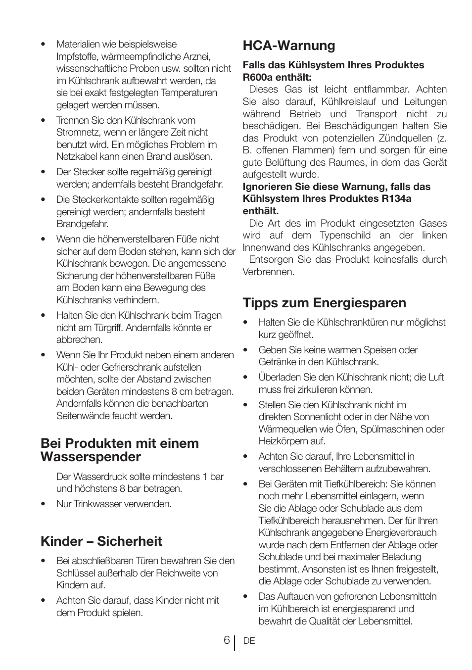 Bei produkten mit einem wasserspender, Kinder – sicherheit, Hca-warnung | Tipps zum energiesparen | Blomberg KNE 9920 P User Manual | Page 32 / 127