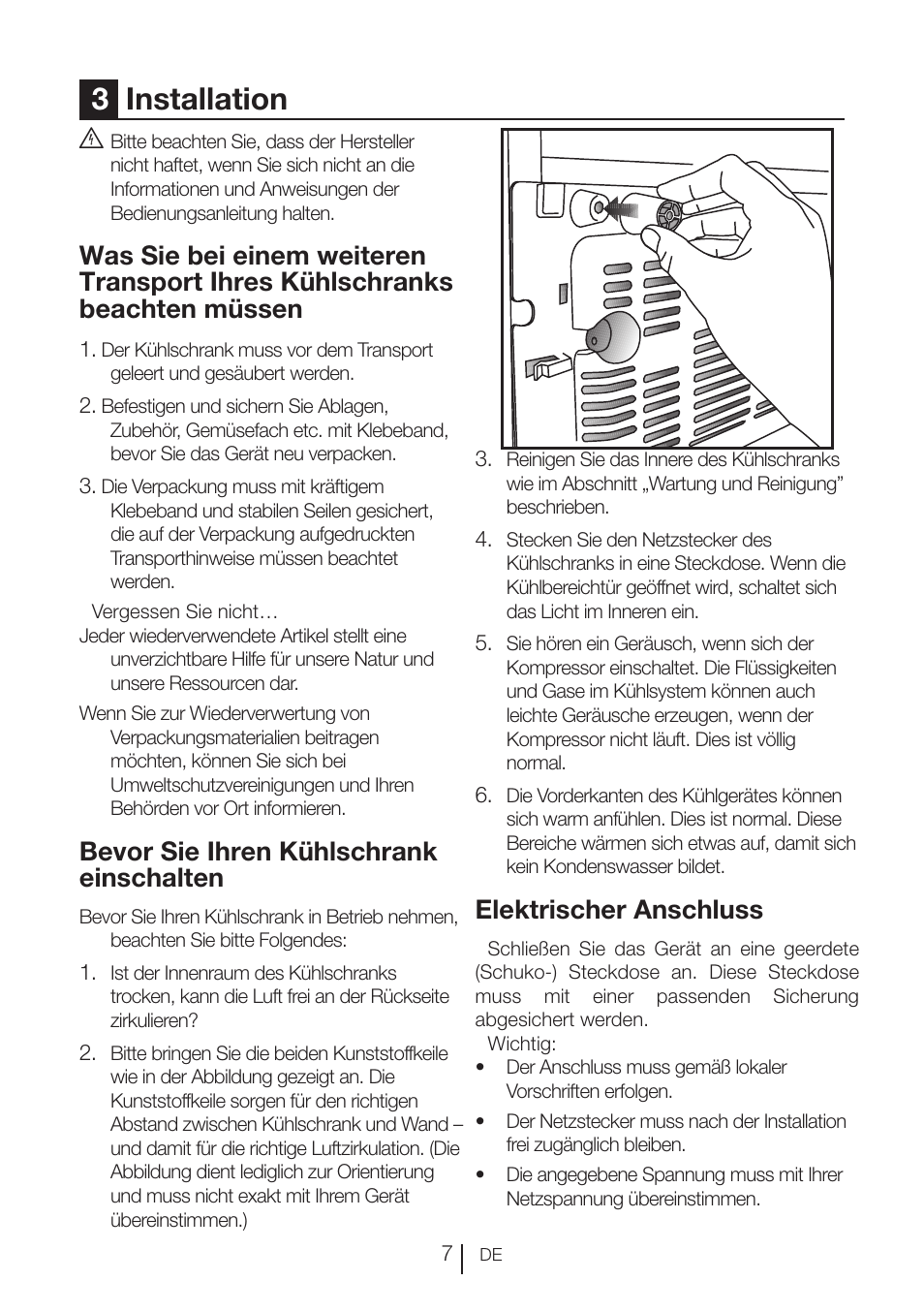 3installation, Elektrischer anschluss, Bevor sie ihren kühlschrank einschalten | Blomberg KNE 9920 P User Manual | Page 33 / 127