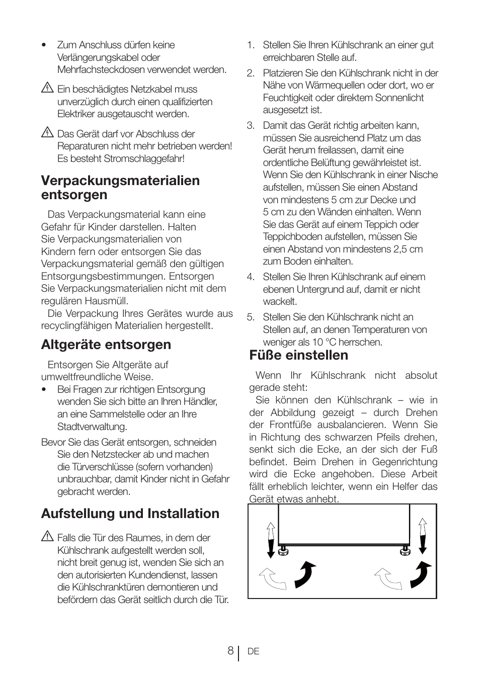 Füße einstellen, Verpackungsmaterialien entsorgen, Altgeräte entsorgen | Aufstellung und installation a | Blomberg KNE 9920 P User Manual | Page 34 / 127