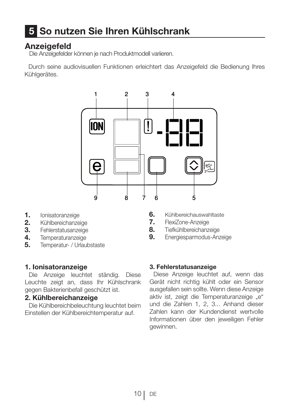 5so nutzen sie ihren kühlschrank, Anzeigefeld | Blomberg KNE 9920 P User Manual | Page 36 / 127