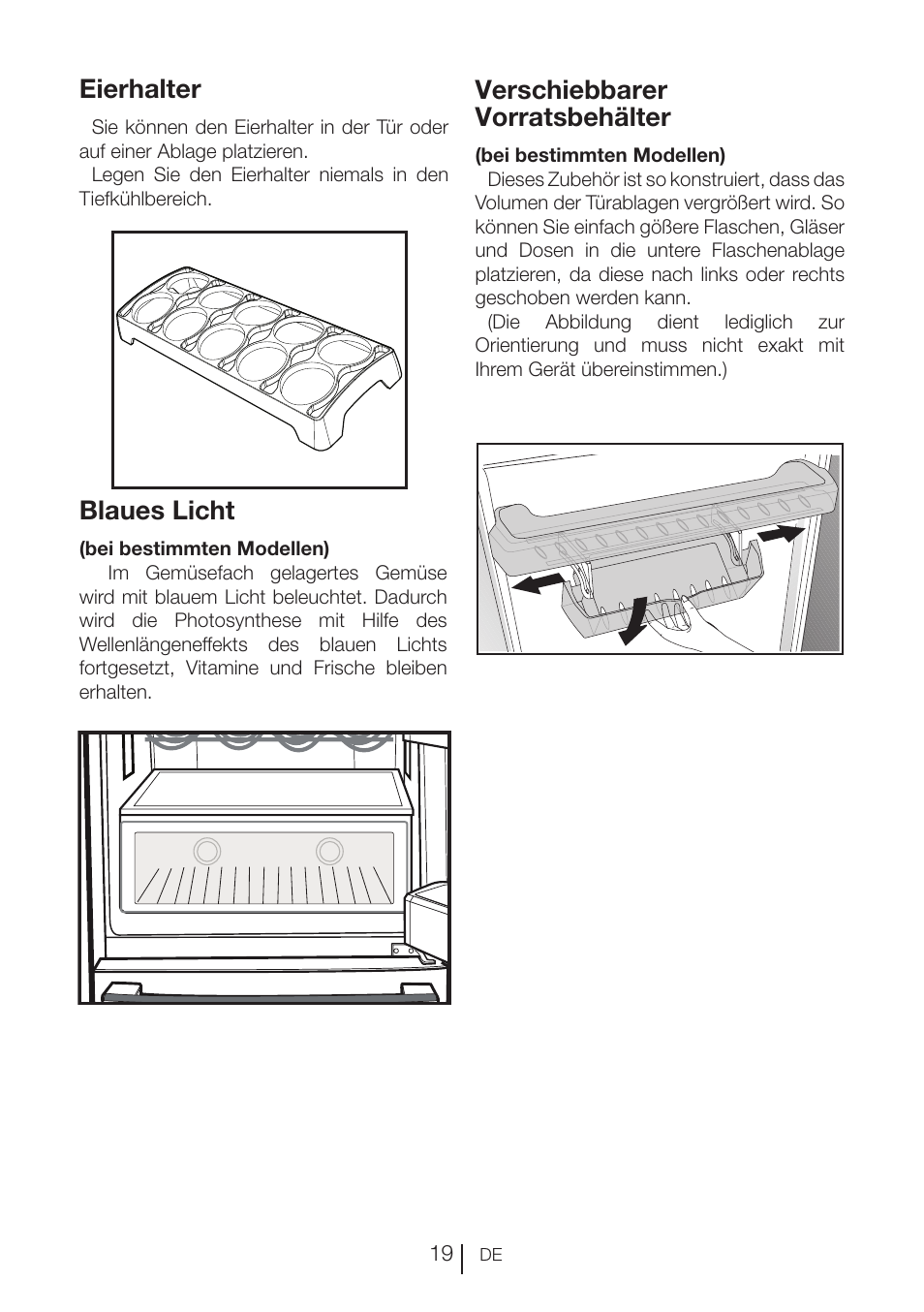 Eierhalter, Blaues licht, Verschiebbarer vorratsbehälter | Blomberg KNE 9920 P User Manual | Page 45 / 127