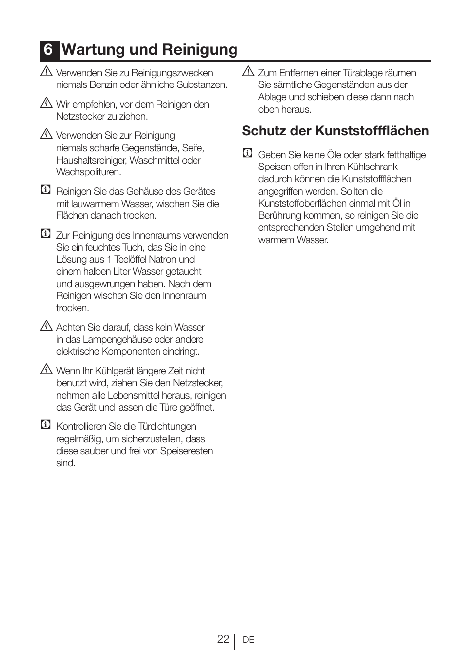 6wartung und reinigung, Schutz der kunststoffflächen c | Blomberg KNE 9920 P User Manual | Page 48 / 127