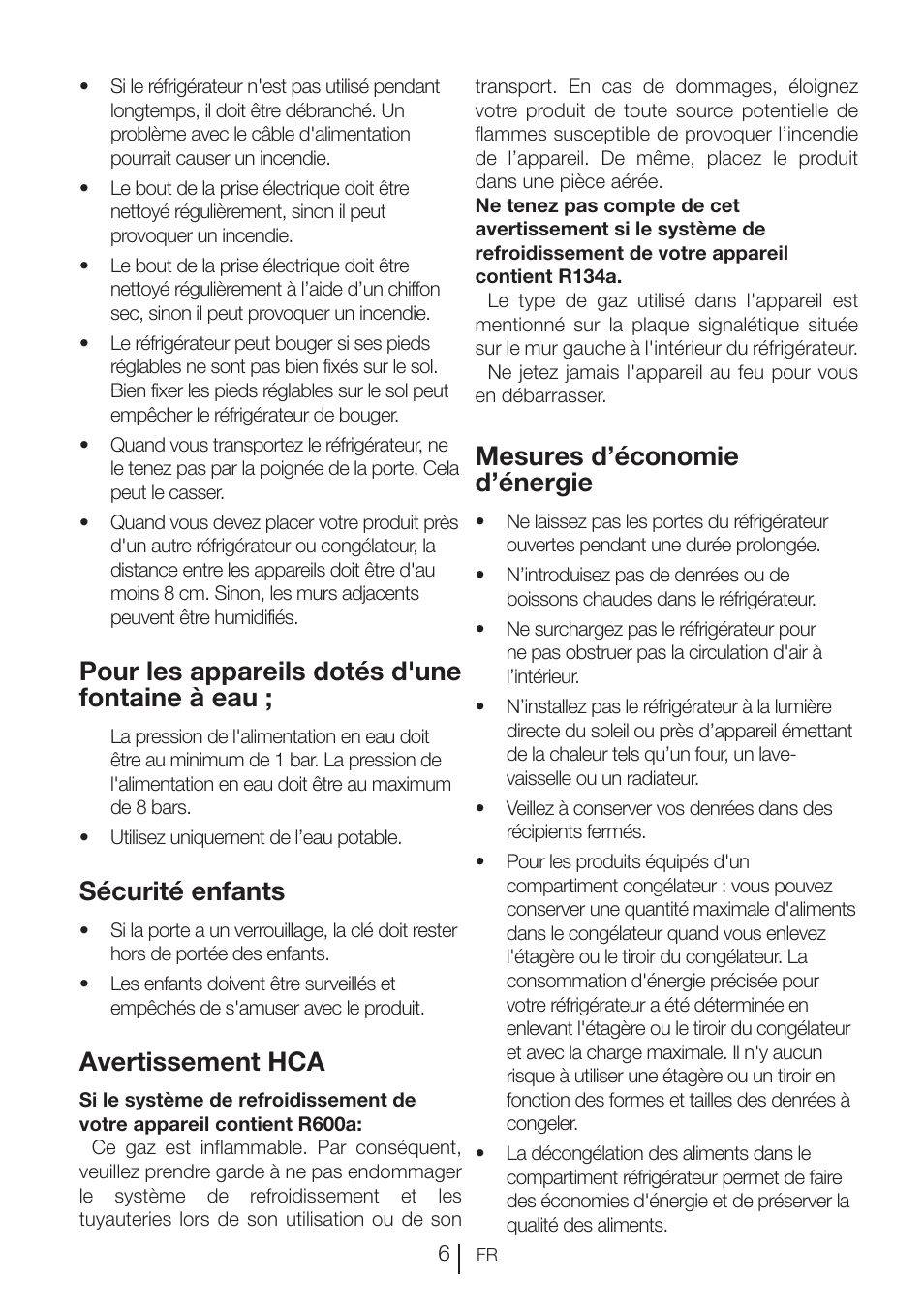 Pour les appareils dotés d'une fontaine à eau, Sécurité enfants, Avertissement hca | Mesures d’économie d’énergie | Blomberg KNE 9920 P User Manual | Page 57 / 127