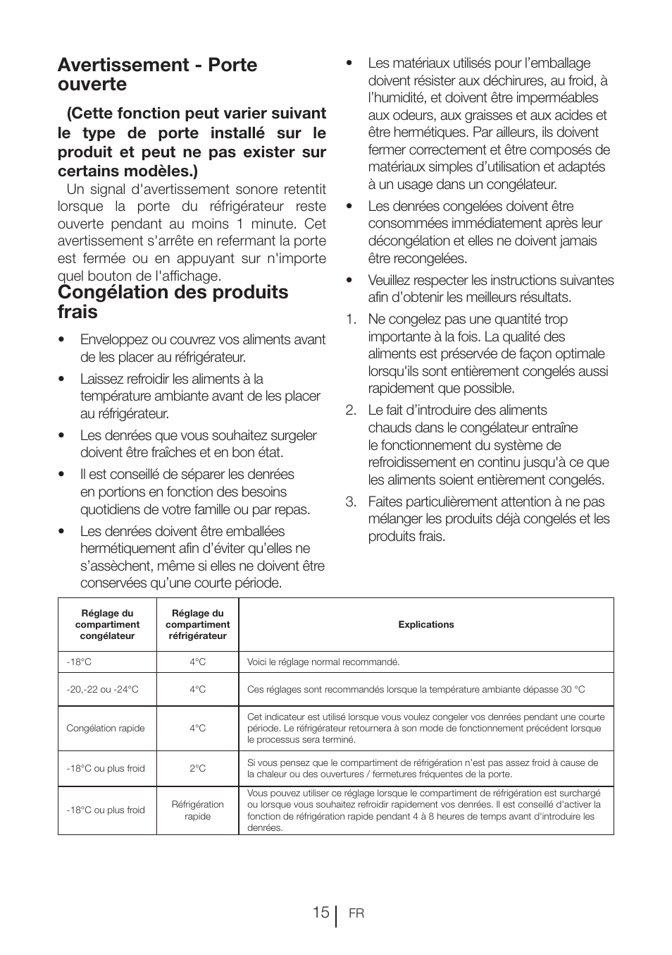 Congélation des produits frais, Avertissement - porte ouverte | Blomberg KNE 9920 P User Manual | Page 66 / 127