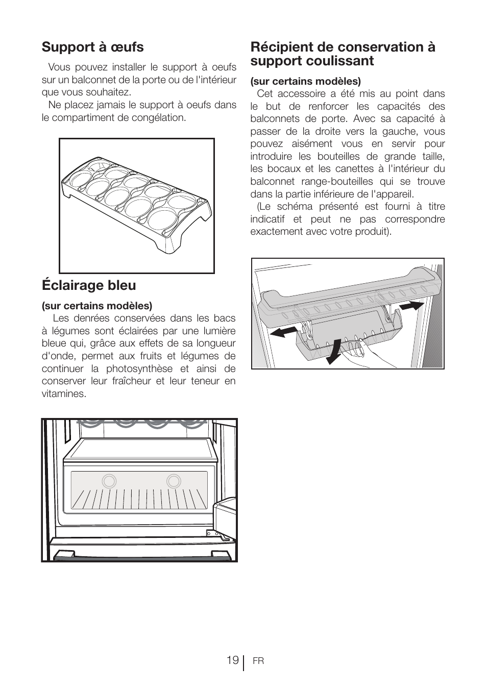 Support à œufs, Éclairage bleu, Récipient de conservation à support coulissant | Blomberg KNE 9920 P User Manual | Page 70 / 127