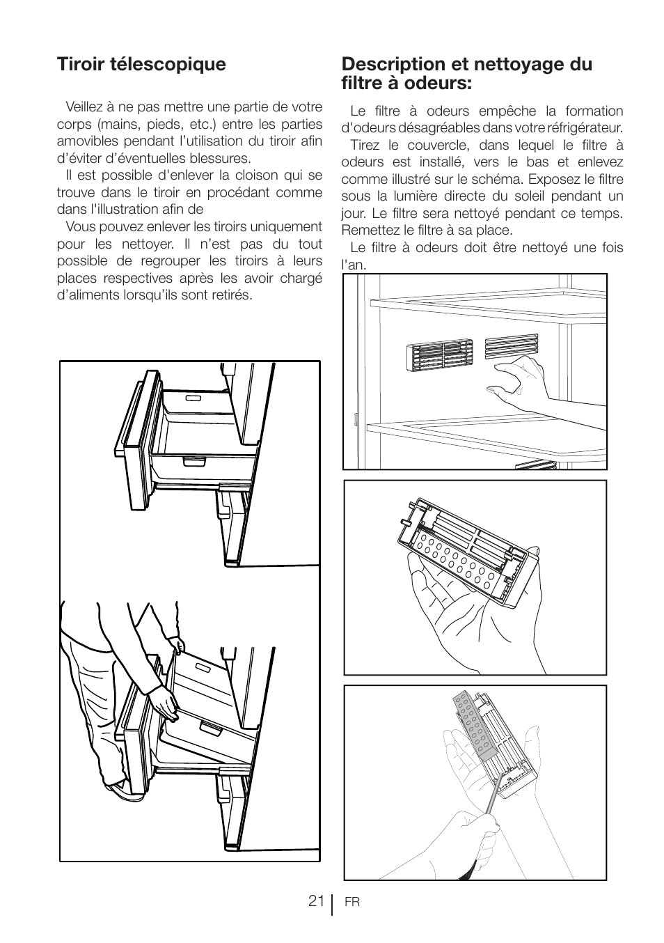 Description et nettoyage du filtre à odeurs, Tiroir télescopique | Blomberg KNE 9920 P User Manual | Page 72 / 127