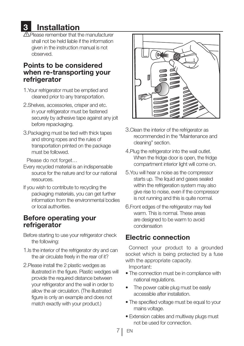 3installation, Before operating your refrigerator, Electric connection | Blomberg KNE 9920 P User Manual | Page 8 / 127