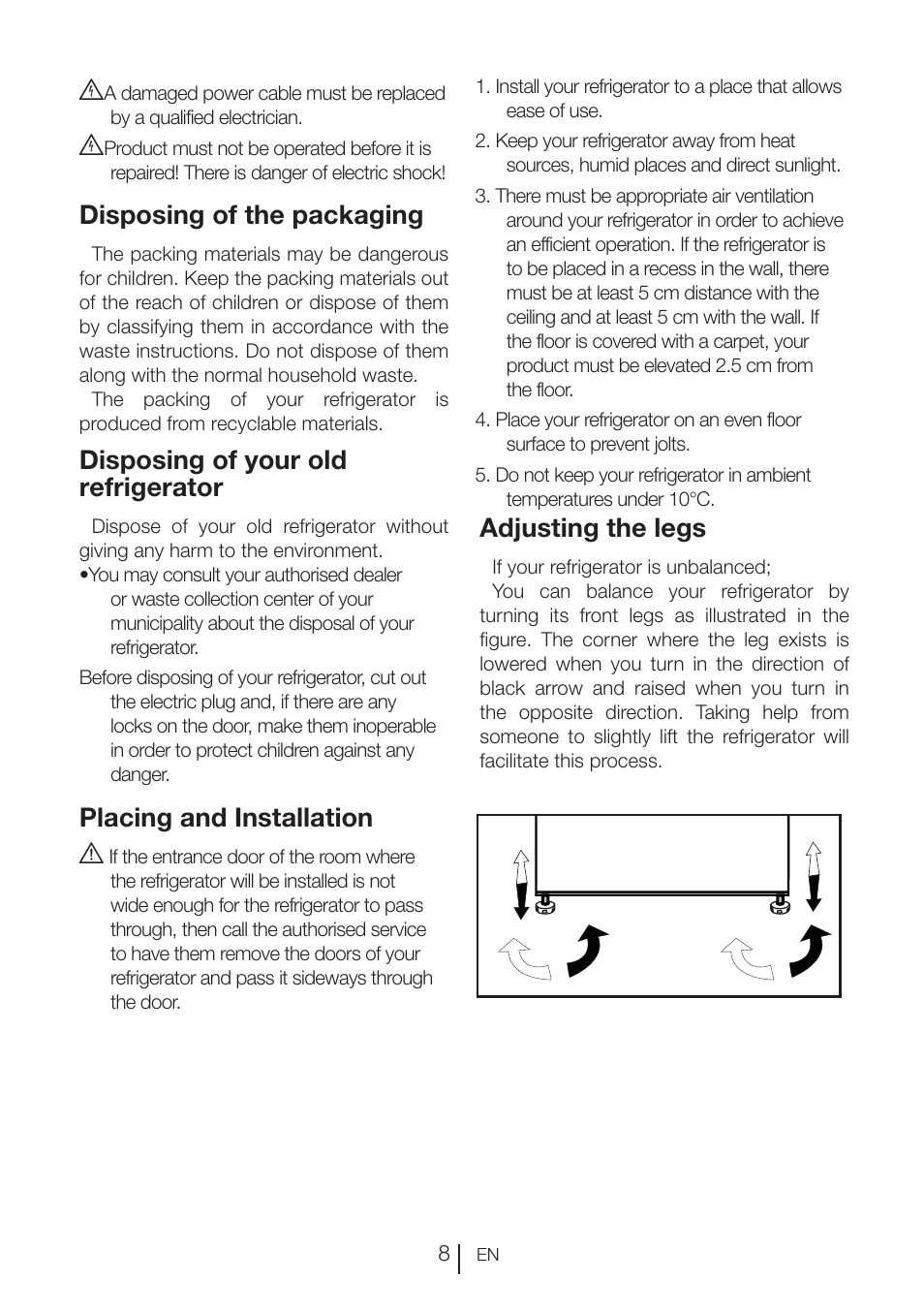 Adjusting the legs, Disposing of the packaging, Disposing of your old refrigerator | Placing and installation a | Blomberg KNE 9920 P User Manual | Page 9 / 127