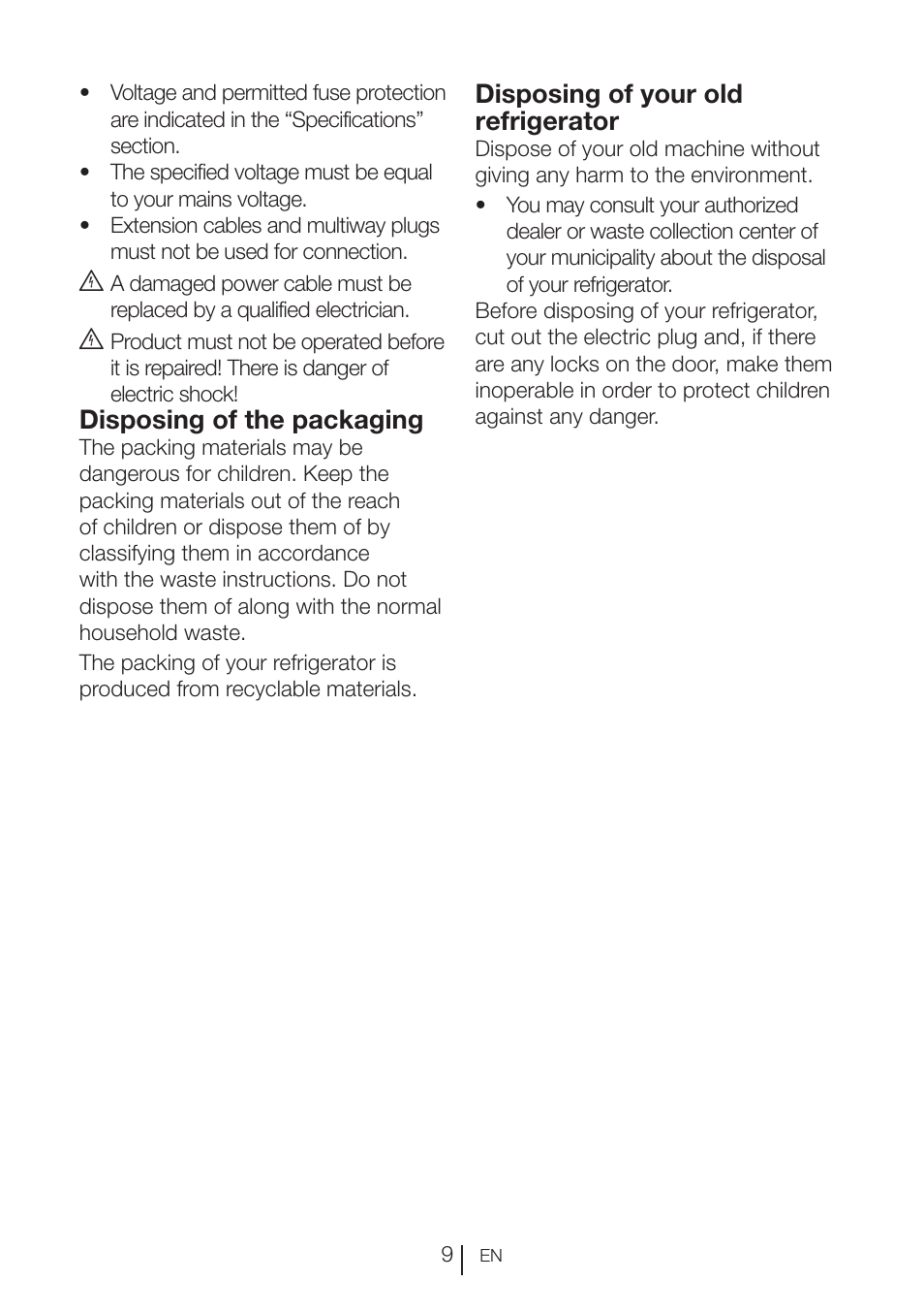 Disposing of the packaging, Disposing of your old refrigerator | Blomberg KND 9950 X A+ User Manual | Page 10 / 229
