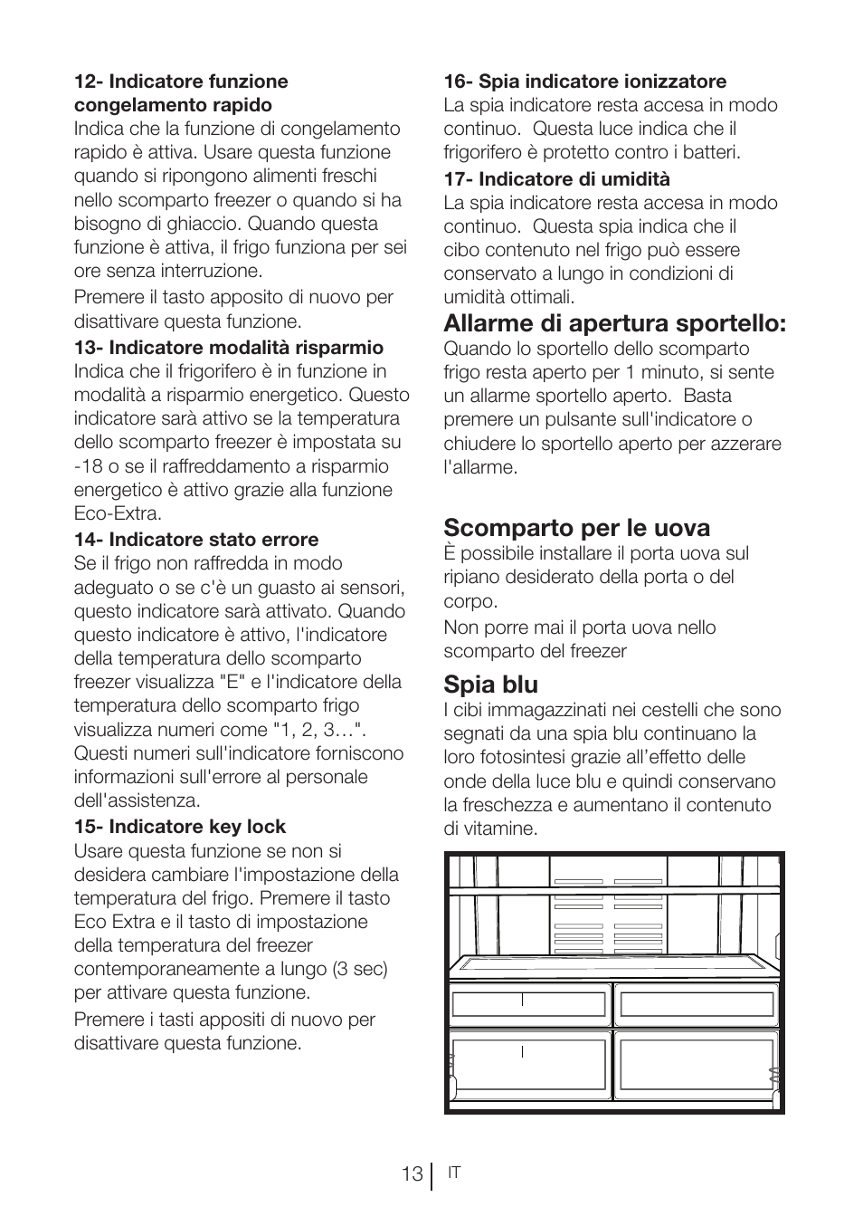 Allarme di apertura sportello, Scomparto per le uova, Spia blu | Blomberg KND 9950 X A+ User Manual | Page 108 / 229