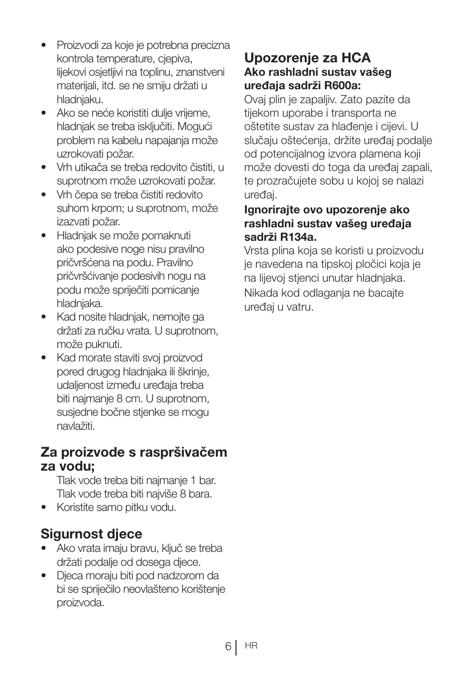 Za proizvode s raspršivačem za vodu, Sigurnost djece, Upozorenje za hca | Blomberg KND 9950 X A+ User Manual | Page 169 / 229