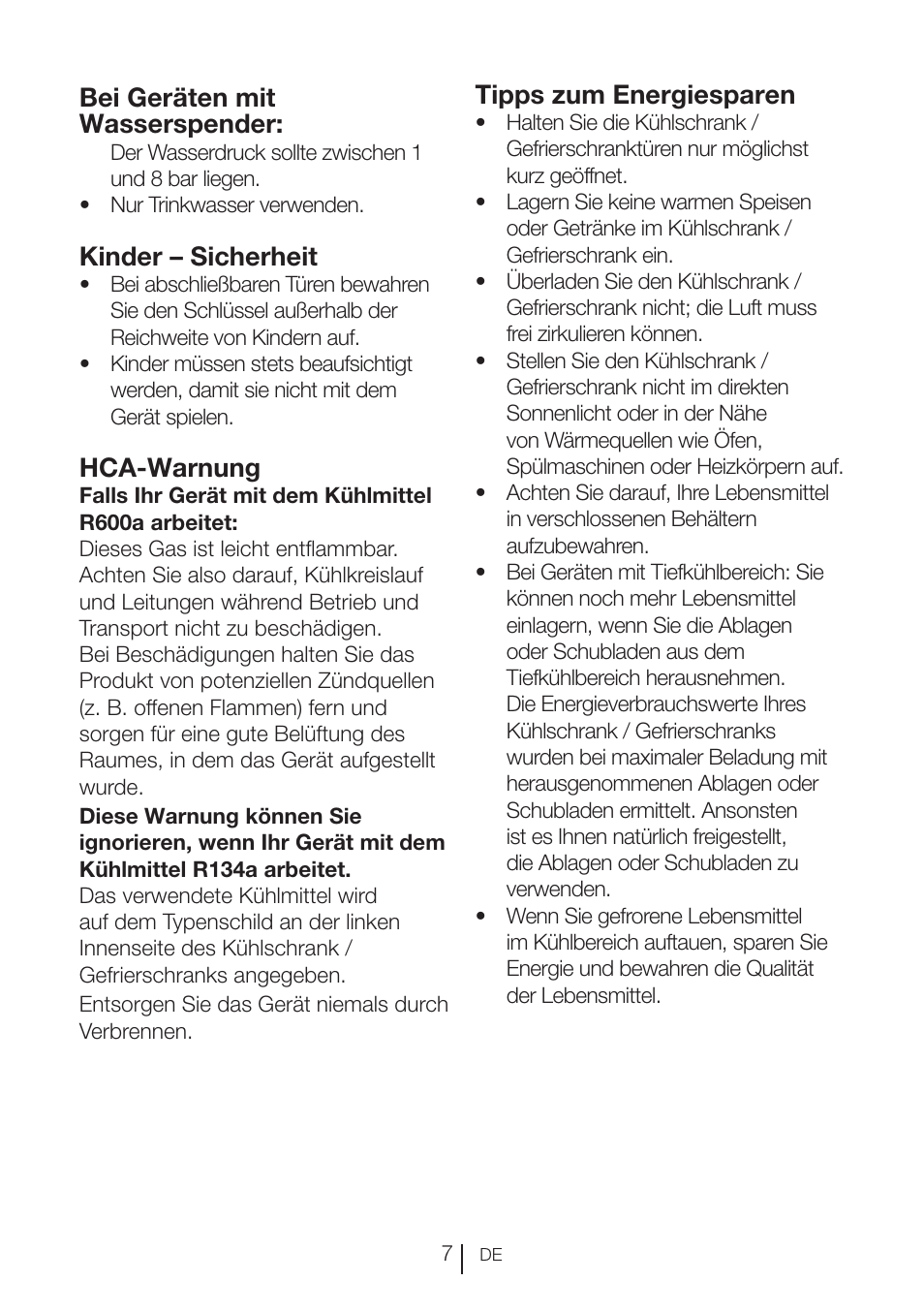 Bei geräten mit wasserspender, Kinder – sicherheit, Hca-warnung | Tipps zum energiesparen | Blomberg KND 9950 X A+ User Manual | Page 31 / 229