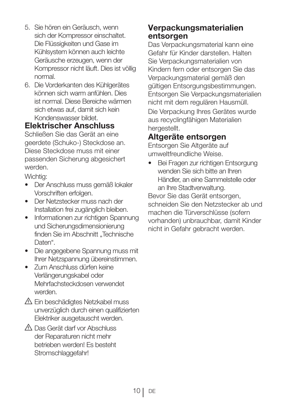 Elektrischer anschluss, Verpackungsmaterialien entsorgen, Altgeräte entsorgen | Blomberg KND 9950 X A+ User Manual | Page 34 / 229