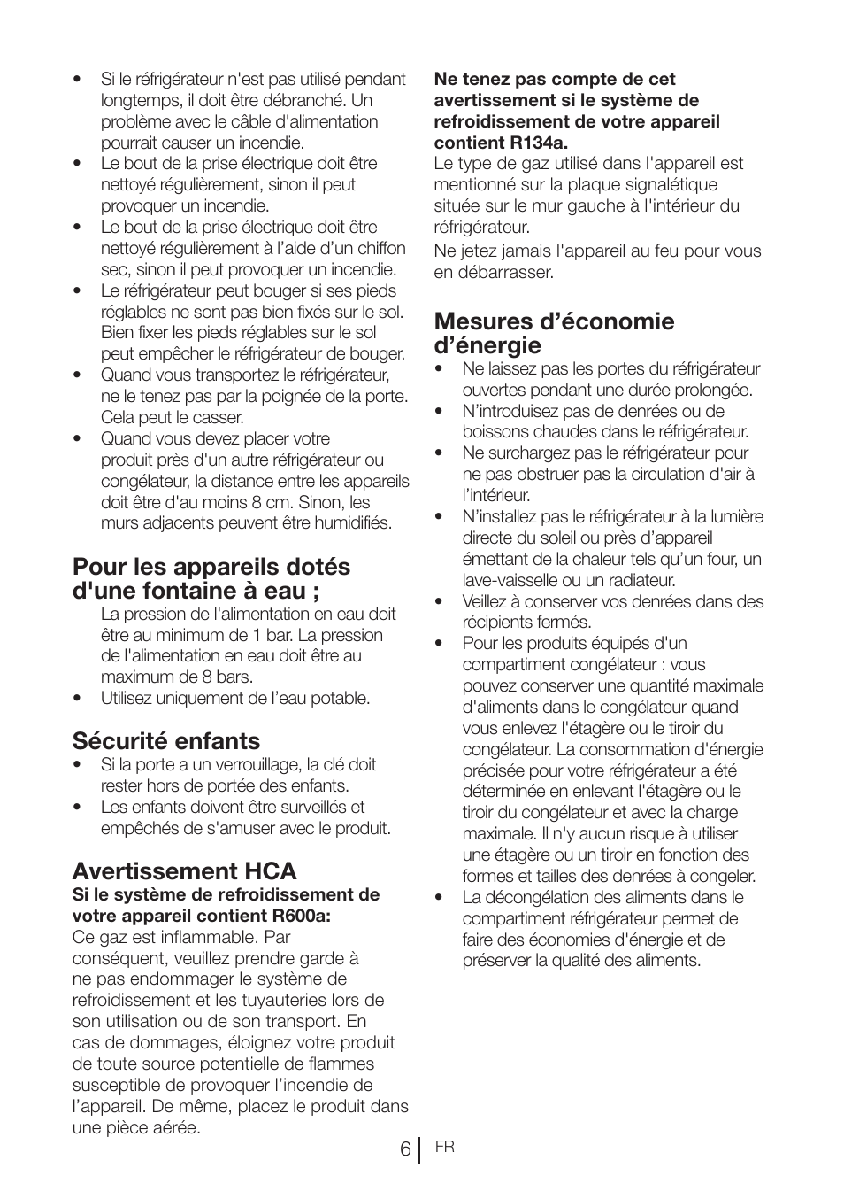Pour les appareils dotés d'une fontaine à eau, Sécurité enfants, Avertissement hca | Mesures d’économie d’énergie | Blomberg KND 9950 X A+ User Manual | Page 56 / 229