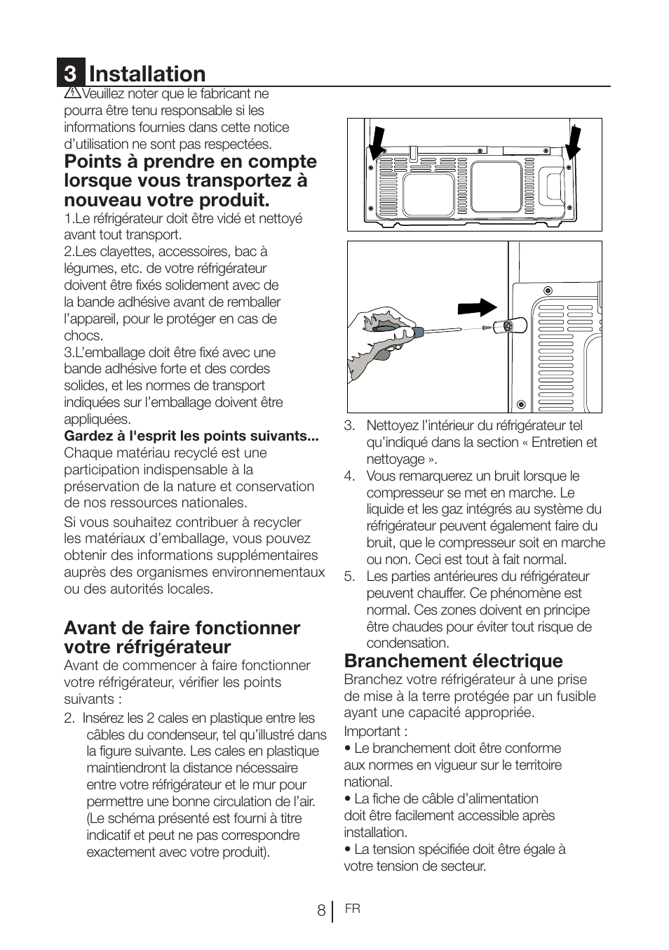 3installation, Avant de faire fonctionner votre réfrigérateur, Branchement électrique | Blomberg KND 9950 X A+ User Manual | Page 58 / 229