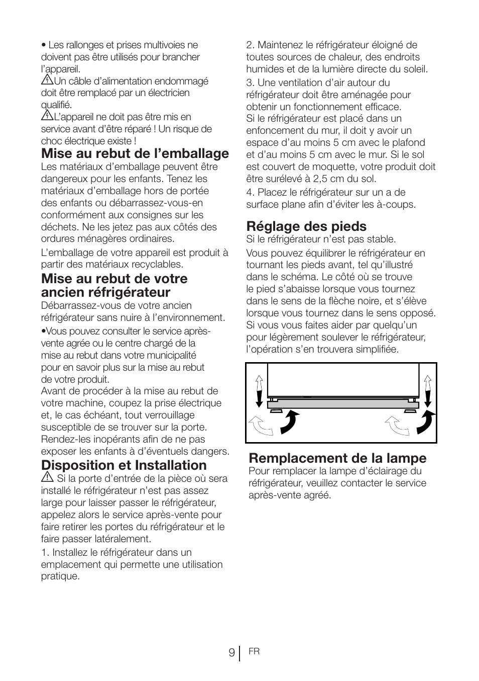 Mise au rebut de l’emballage, Mise au rebut de votre ancien réfrigérateur, Disposition et installation a | Réglage des pieds, Remplacement de la lampe | Blomberg KND 9950 X A+ User Manual | Page 59 / 229