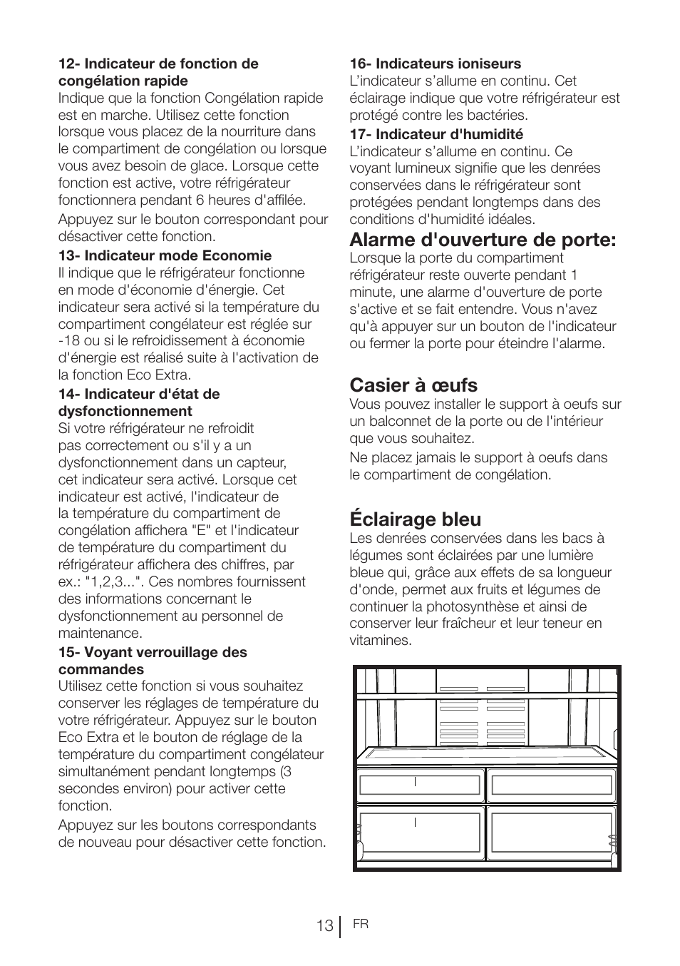 Alarme d'ouverture de porte, Casier à œufs, Éclairage bleu | Blomberg KND 9950 X A+ User Manual | Page 63 / 229