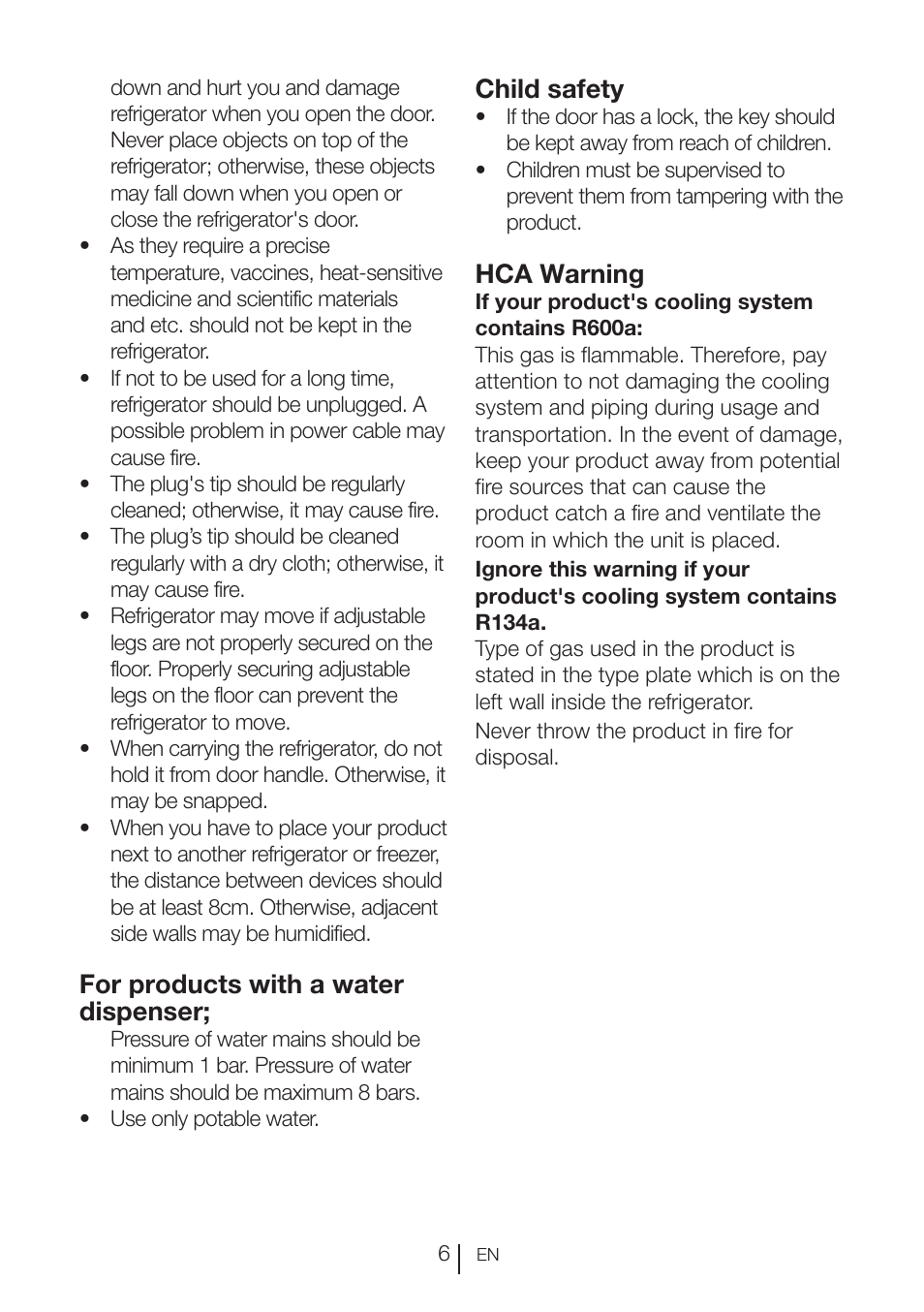For products with a water dispenser, Child safety, Hca warning | Blomberg KND 9950 X A+ User Manual | Page 7 / 229