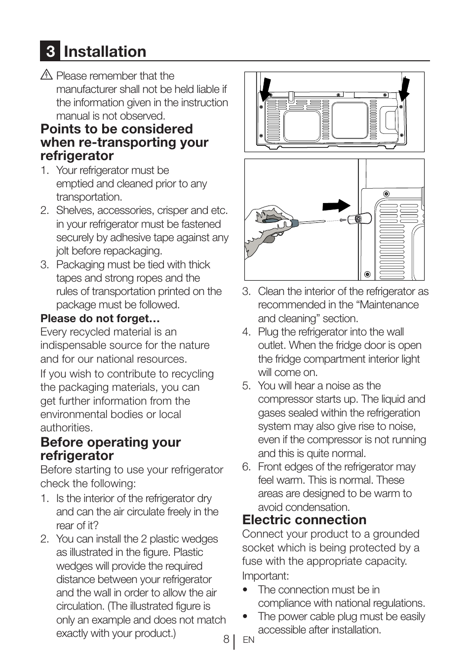 3installation, Before operating your refrigerator, Electric connection | Blomberg KND 9950 X A+ User Manual | Page 9 / 229