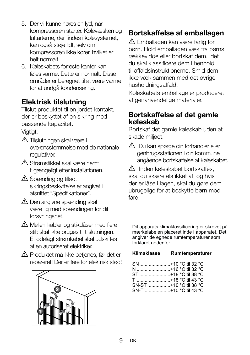 Elektrisk tilslutning, Bortskaffelse af emballagen a, Bortskaffelse af det gamle køleskab | Blomberg KSM 9520 X A+ User Manual | Page 100 / 216