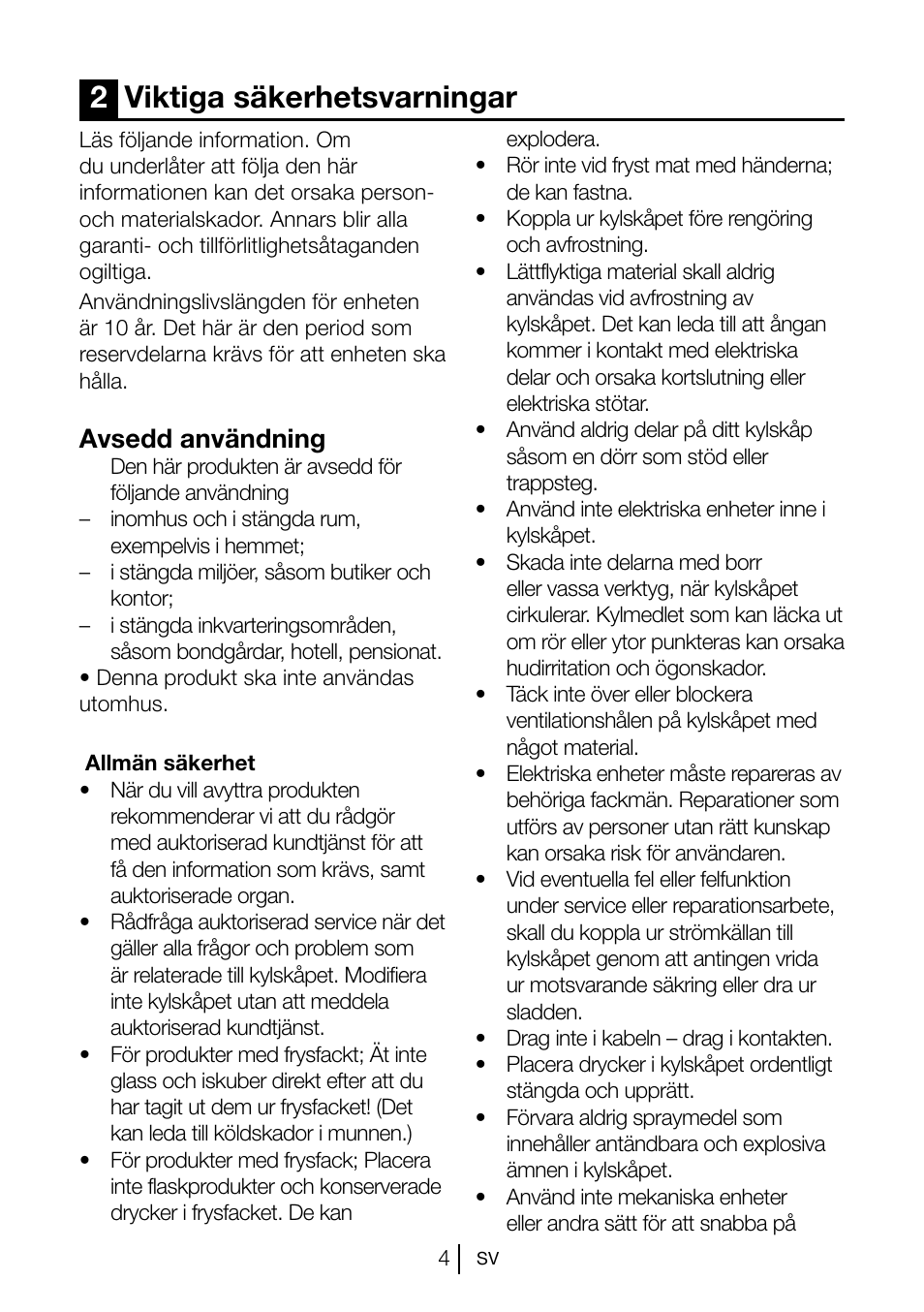 2viktiga säkerhetsvarningar, Avsedd användning | Blomberg KSM 9520 X A+ User Manual | Page 113 / 216