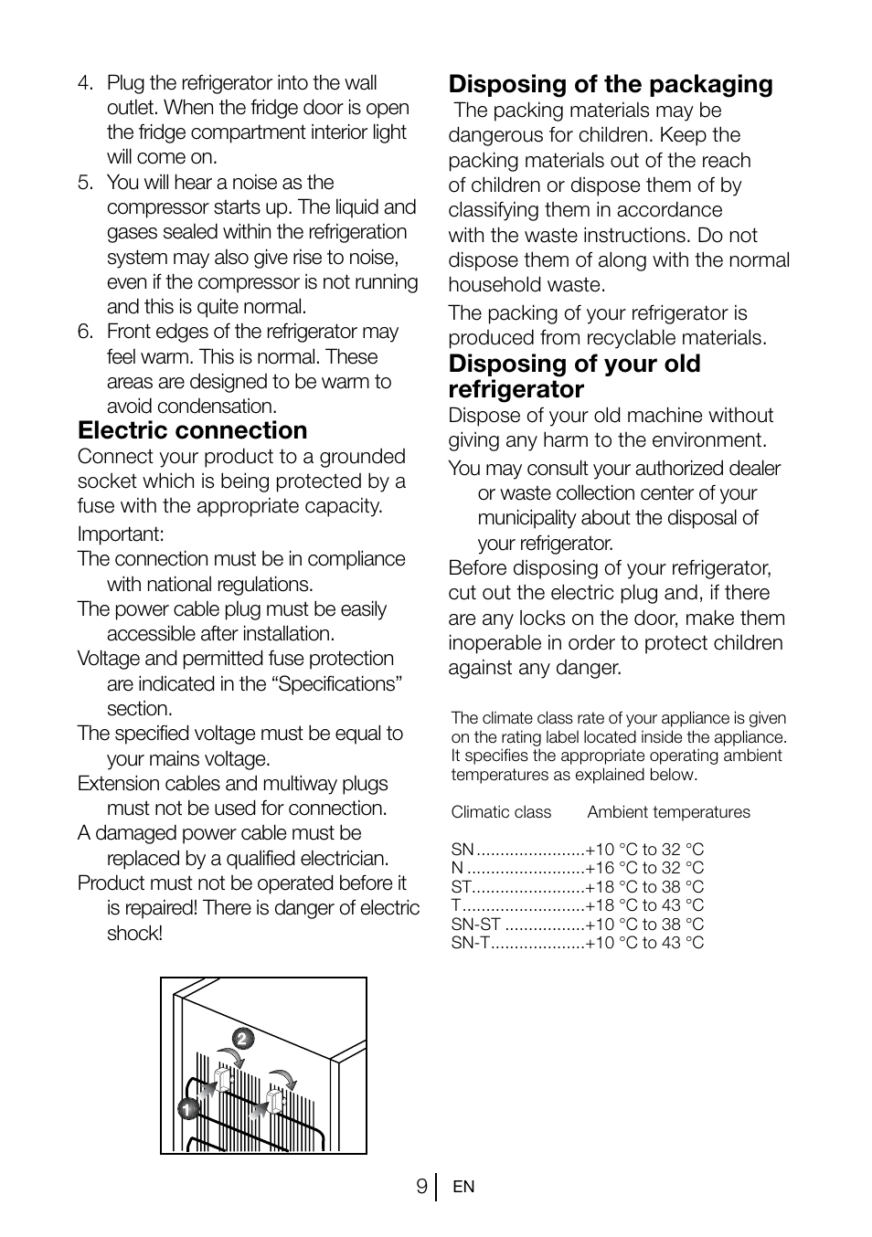 Electric connection, Disposing of the packaging, Disposing of your old refrigerator | Blomberg KSM 9520 X A+ User Manual | Page 12 / 216