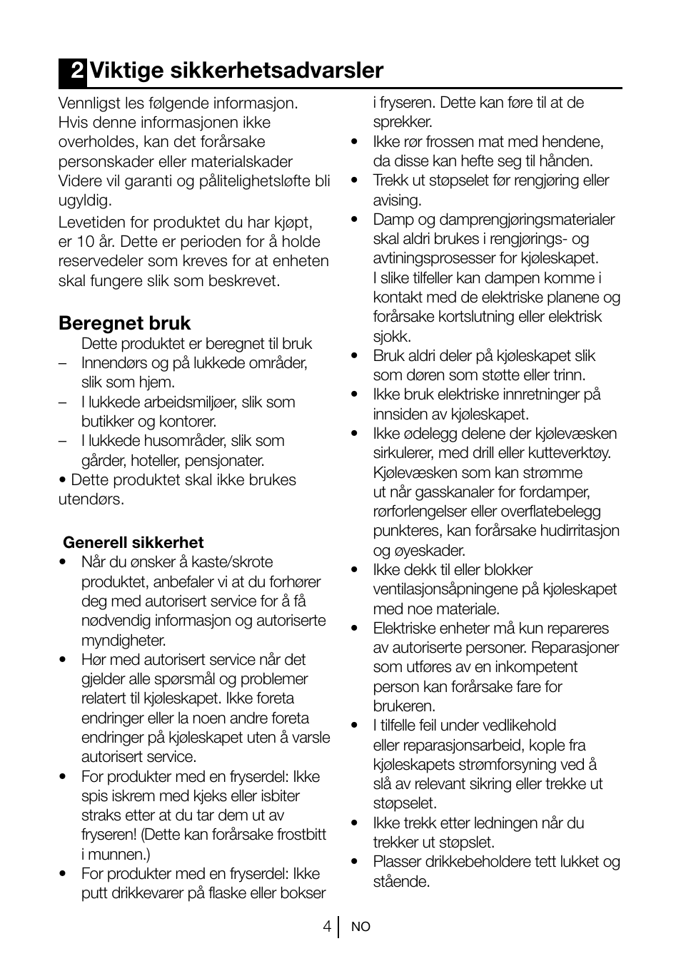 2viktige sikkerhetsadvarsler, Beregnet bruk | Blomberg KSM 9520 X A+ User Manual | Page 129 / 216