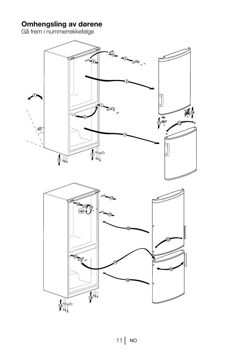 Omhengsling av dørene, Gå frem i nummerrekkefølge | Blomberg KSM 9520 X A+ User Manual | Page 136 / 216