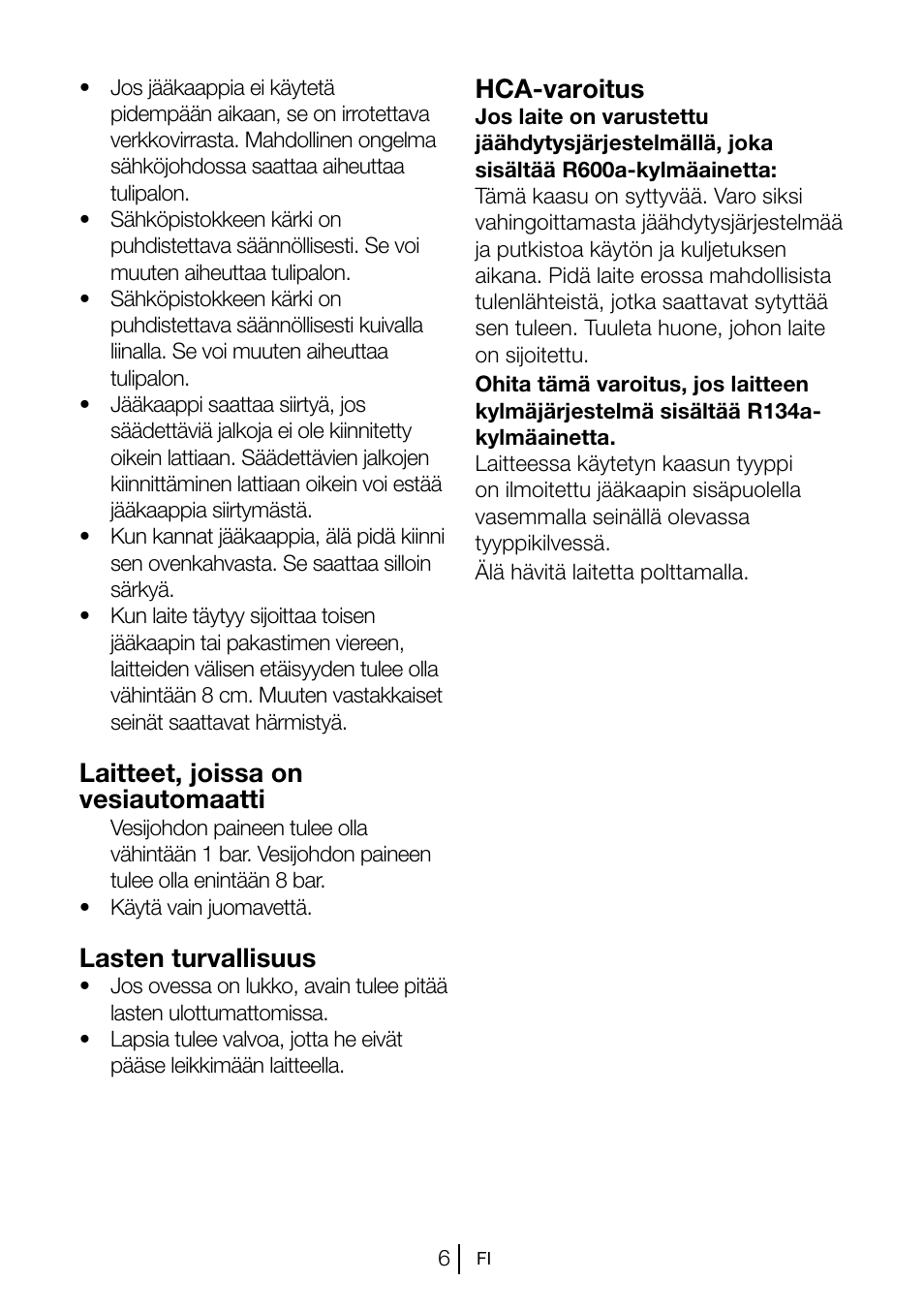 Laitteet, joissa on vesiautomaatti, Lasten turvallisuus, Hca-varoitus | Blomberg KSM 9520 X A+ User Manual | Page 149 / 216