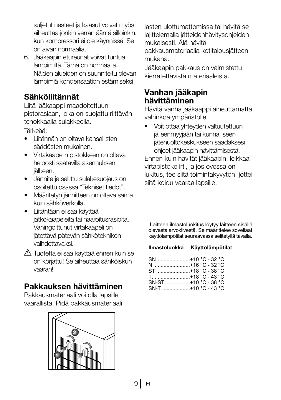 Sähköliitännät, Pakkauksen hävittäminen, Vanhan jääkapin hävittäminen | Blomberg KSM 9520 X A+ User Manual | Page 152 / 216