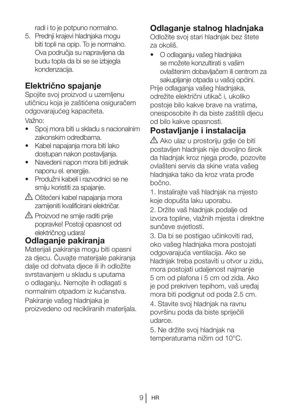 Električno spajanje, Odlaganje pakiranja, Odlaganje stalnog hladnjaka | Postavljanje i instalacija a | Blomberg KSM 9520 X A+ User Manual | Page 204 / 216