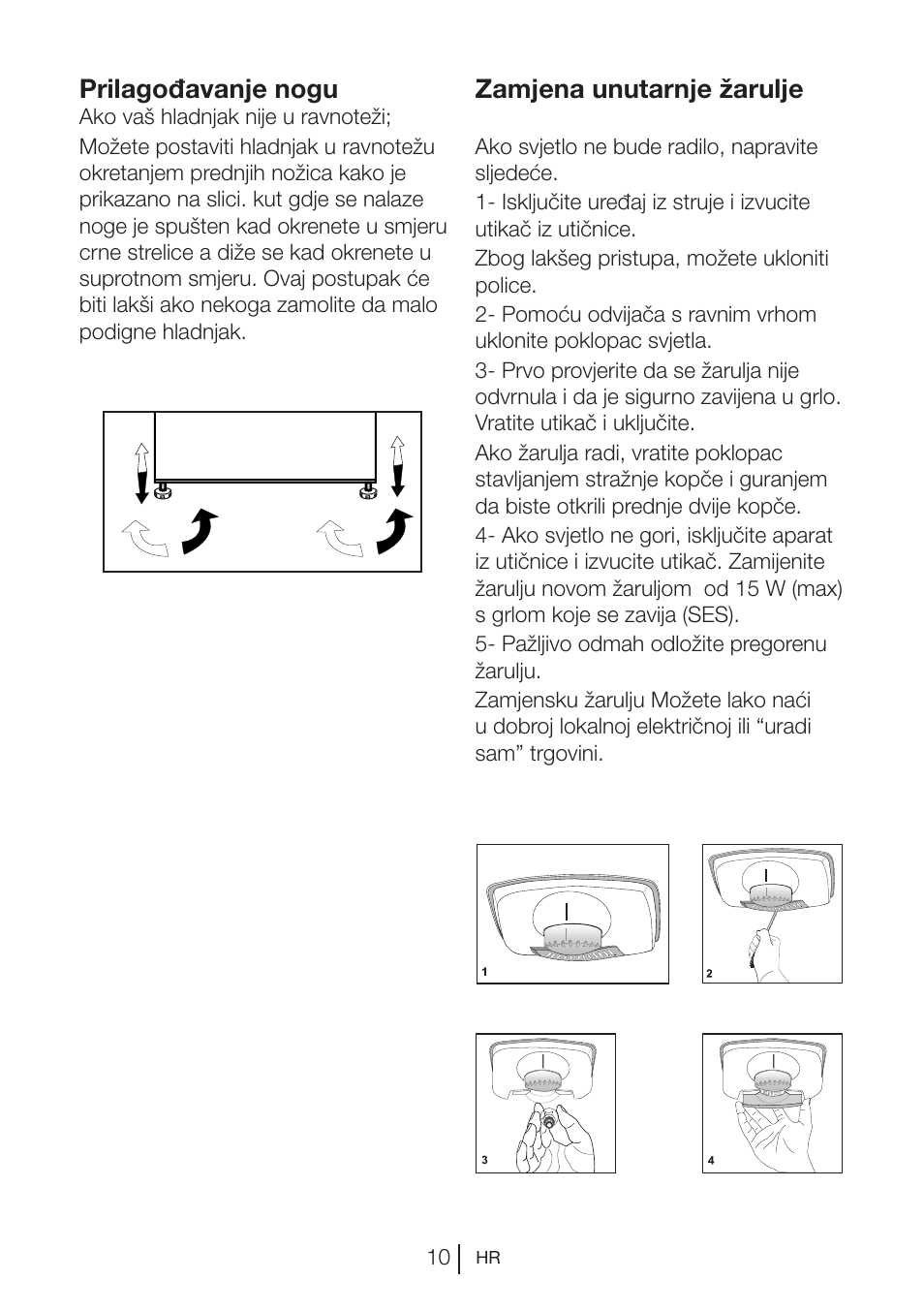 Prilagođavanje nogu, Zamjena unutarnje žarulje | Blomberg KSM 9520 X A+ User Manual | Page 205 / 216