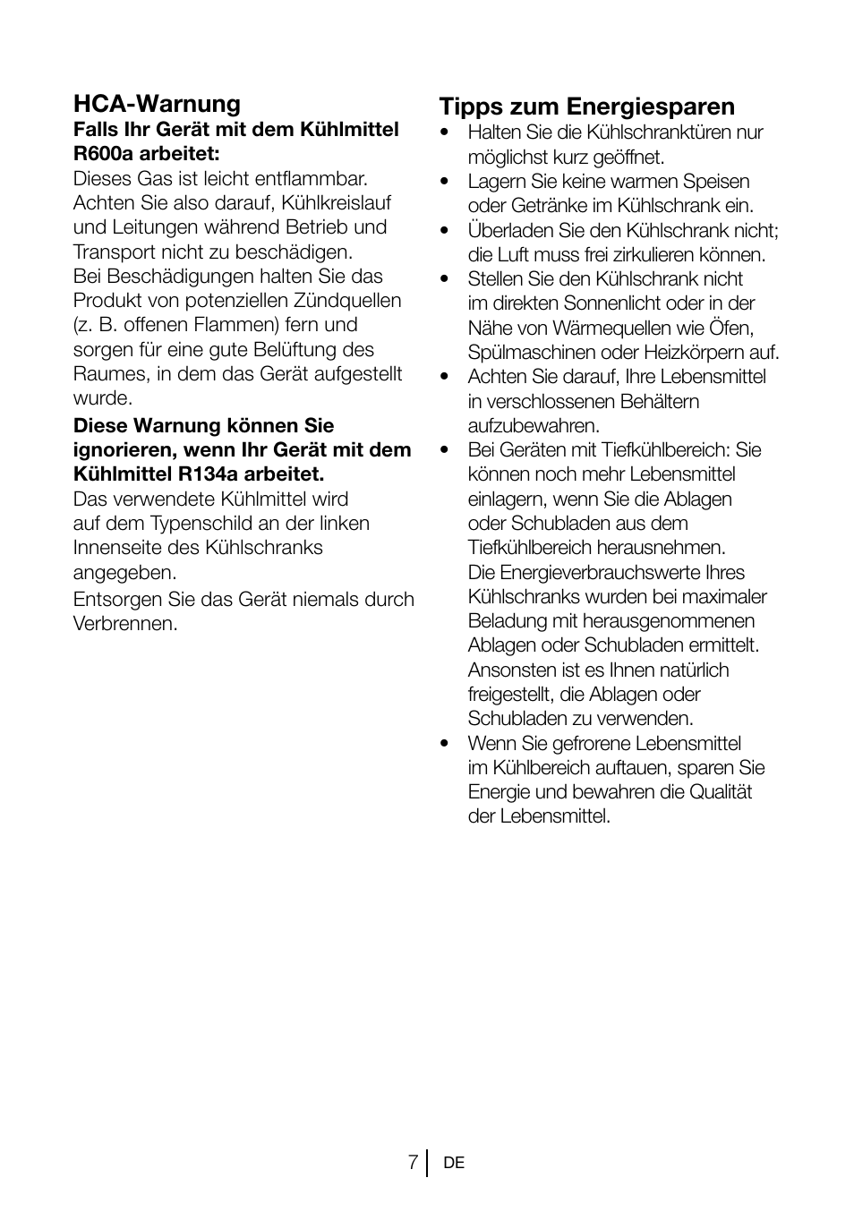 Hca-warnung, Tipps zum energiesparen | Blomberg KSM 9520 X A+ User Manual | Page 46 / 216