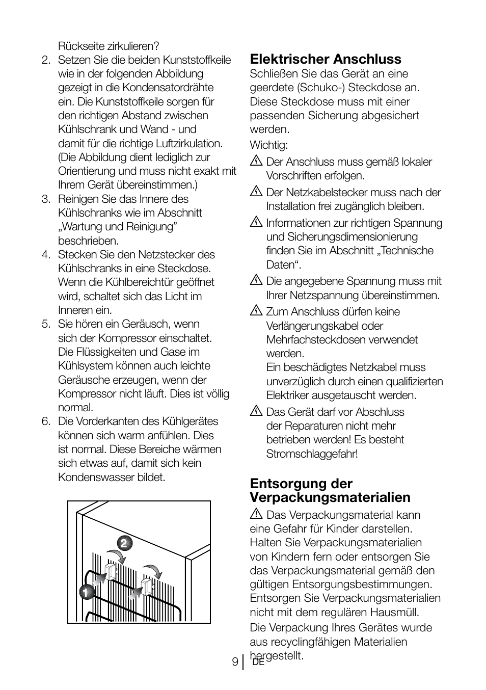 Elektrischer anschluss, Entsorgung der verpackungsmaterialien a | Blomberg KSM 9520 X A+ User Manual | Page 48 / 216