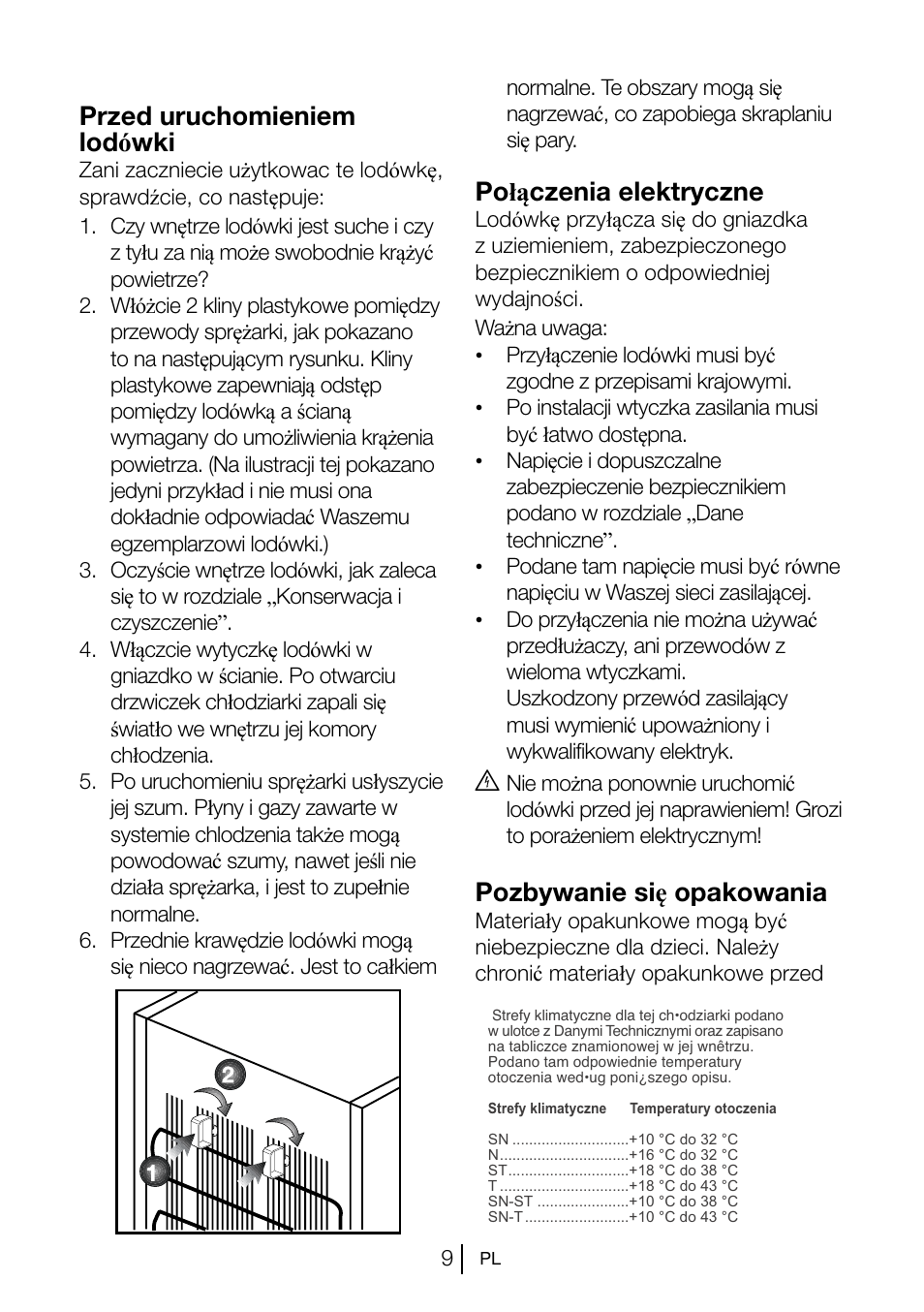 Przed uruchomieniem lod ówki, Po łączenia elektryczne, Pozbywanie si ę opakowania | Blomberg KSM 9520 X A+ User Manual | Page 83 / 216