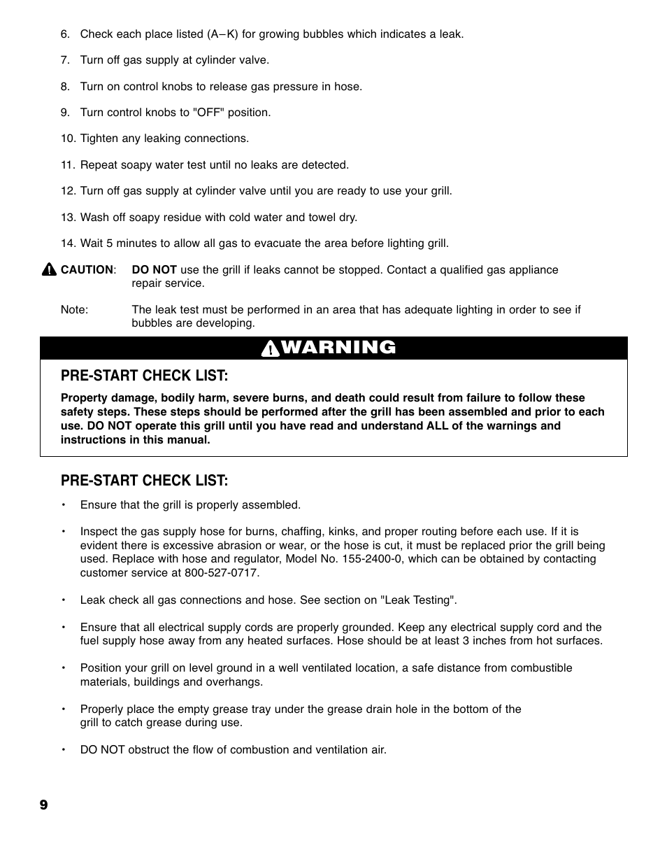 Warning, Pre-start check list | Brinkmann Series 4415 User Manual | Page 10 / 32