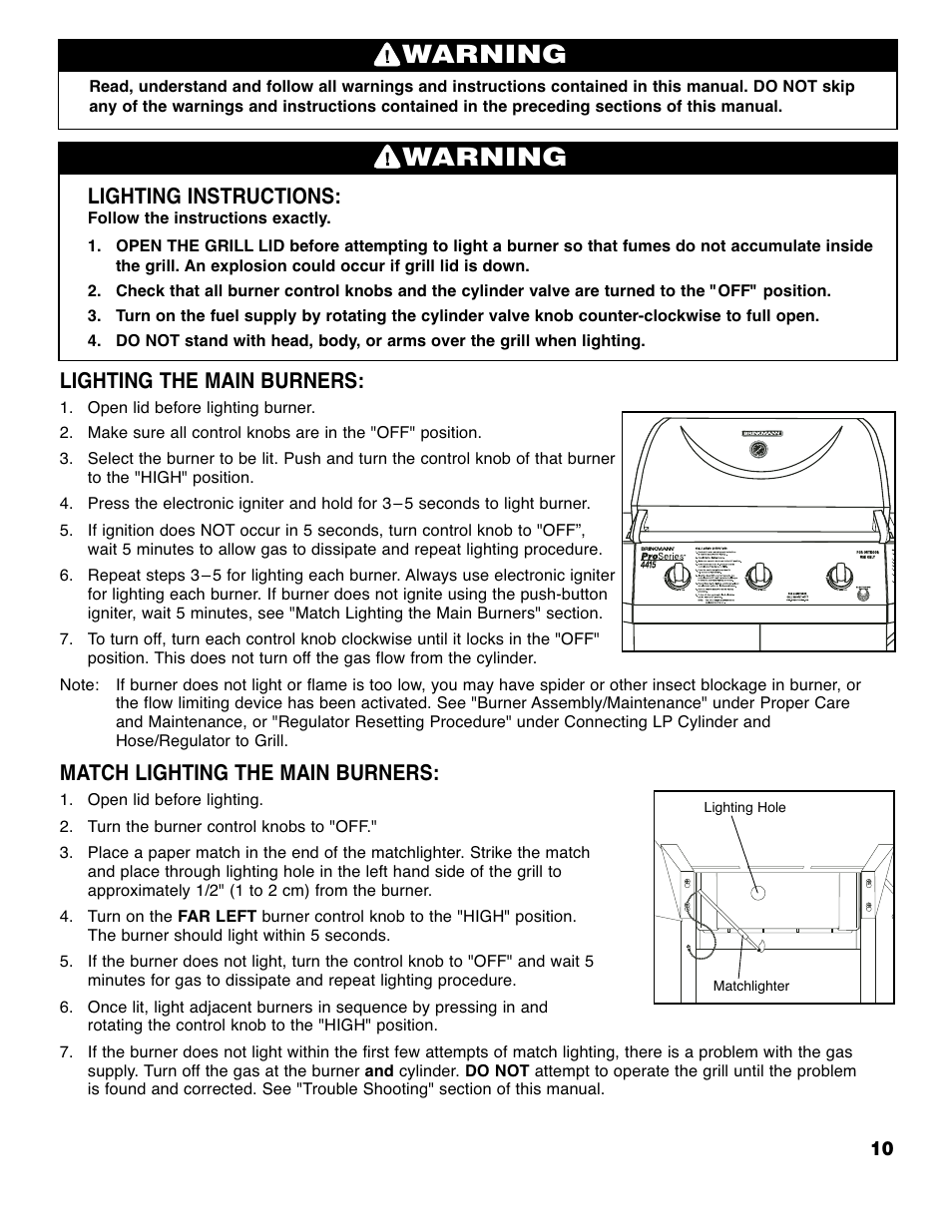 Warning, Lighting instructions, Lighting the main burners | Match lighting the main burners | Brinkmann Series 4415 User Manual | Page 11 / 32