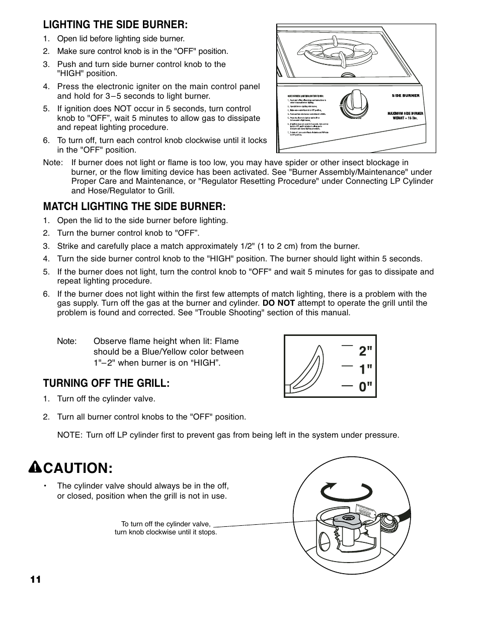 Caution, Lighting the side burner, Match lighting the side burner | Turning off the grill | Brinkmann Series 4415 User Manual | Page 12 / 32
