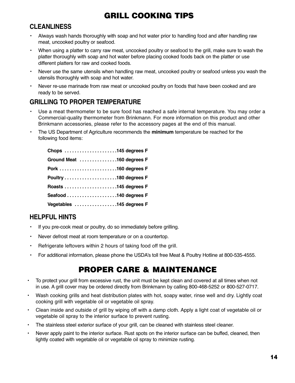 Grill cooking tips, Proper care & maintenance, Cleanliness | Grilling to proper temperature, Helpful hints | Brinkmann Series 4415 User Manual | Page 15 / 32