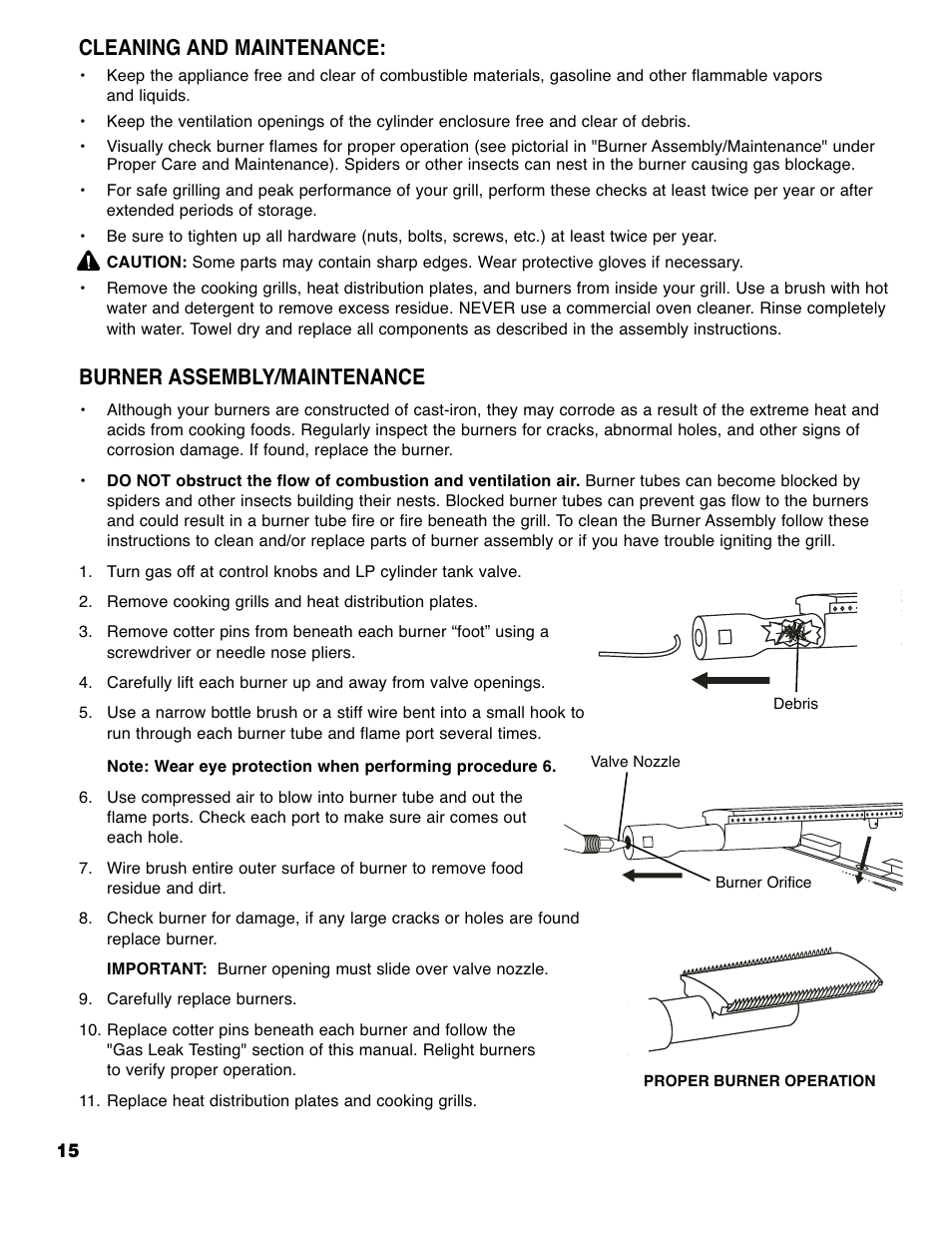 Burner assembly/maintenance, Cleaning and maintenance | Brinkmann Series 4415 User Manual | Page 16 / 32