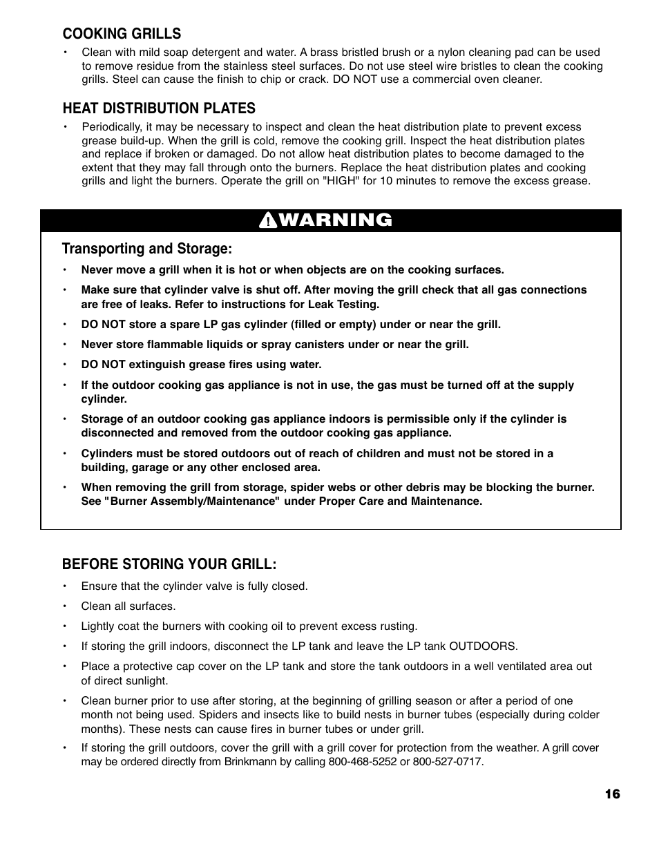 Warning, Transporting and storage, Before storing your grill | Cooking grills, Heat distribution plates | Brinkmann Series 4415 User Manual | Page 17 / 32