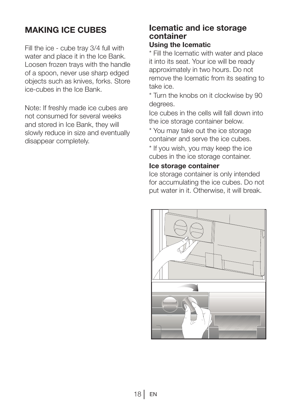 Icematic and ice storage container, Making ice cubes | Blomberg KGM 9680 User Manual | Page 18 / 25